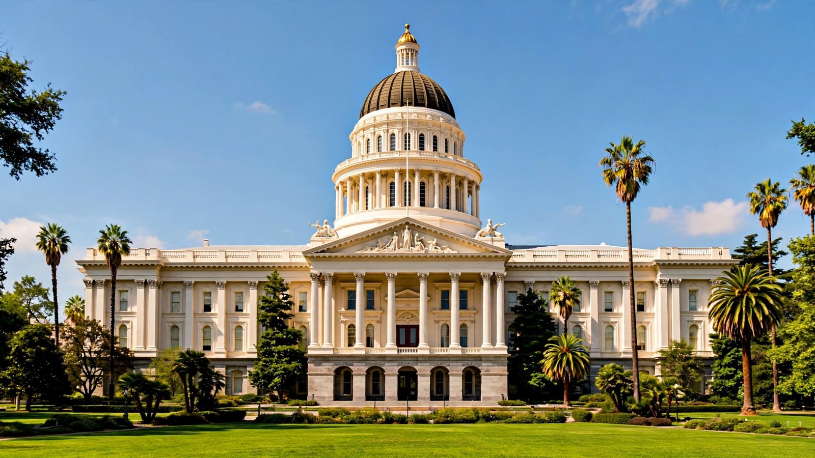 A white domed capitol building with palm trees and a green lawn in front.