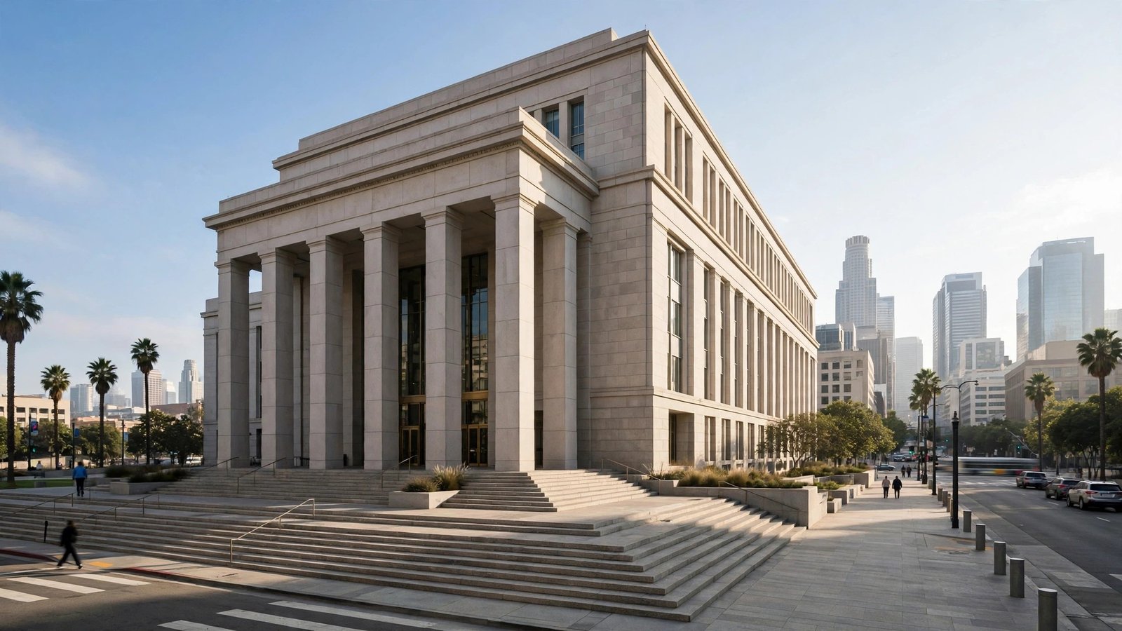 A large stone courthouse building with tall columns and wide steps in a downtown area.