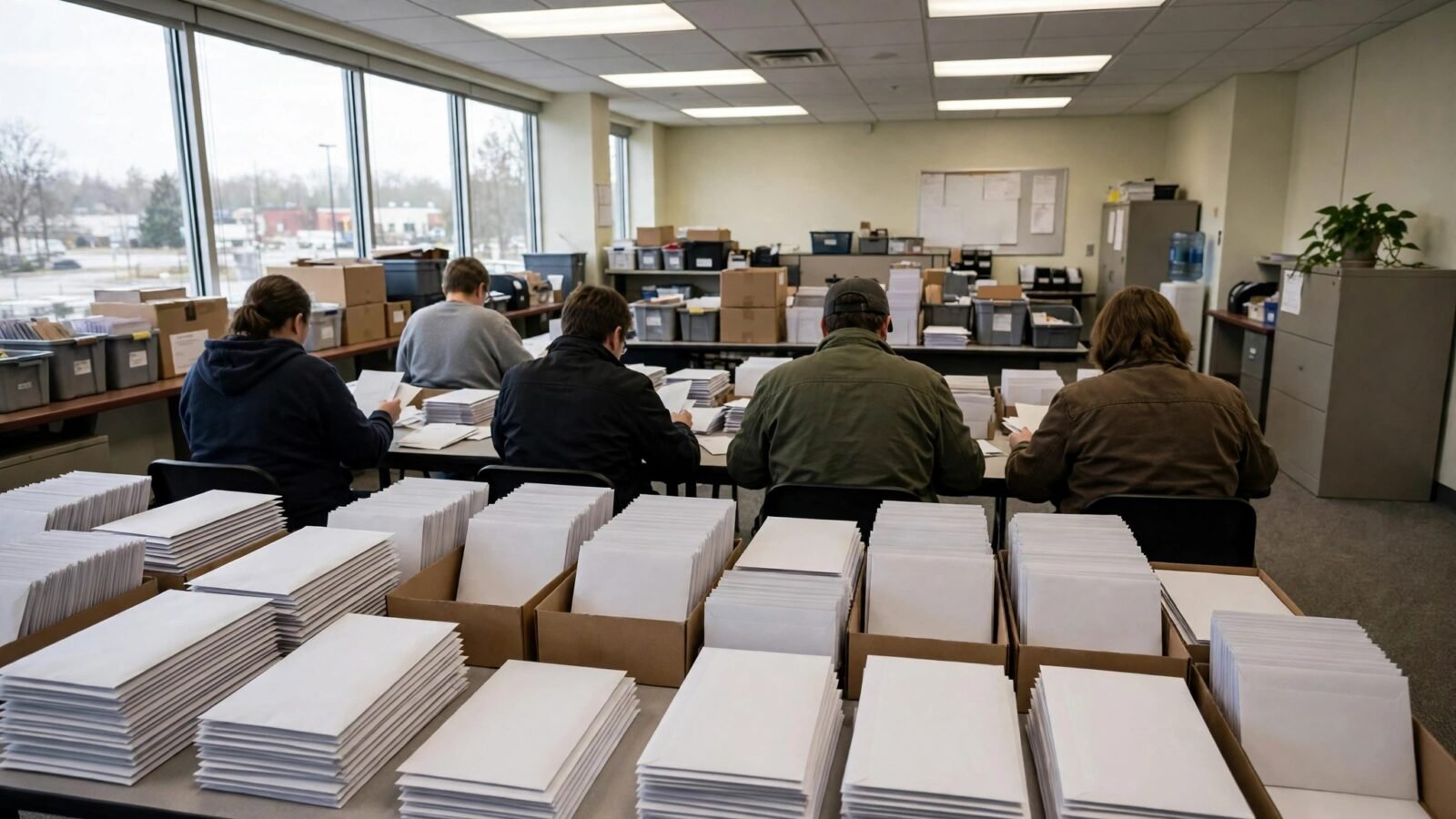 Workers sorting stacks of blank white envelopes at tables in a bright office.