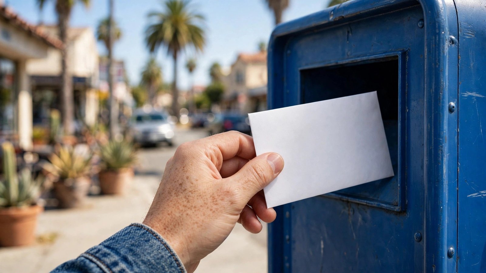 A hand placing a blank white envelope into a blue postal collection box on a sunny street.