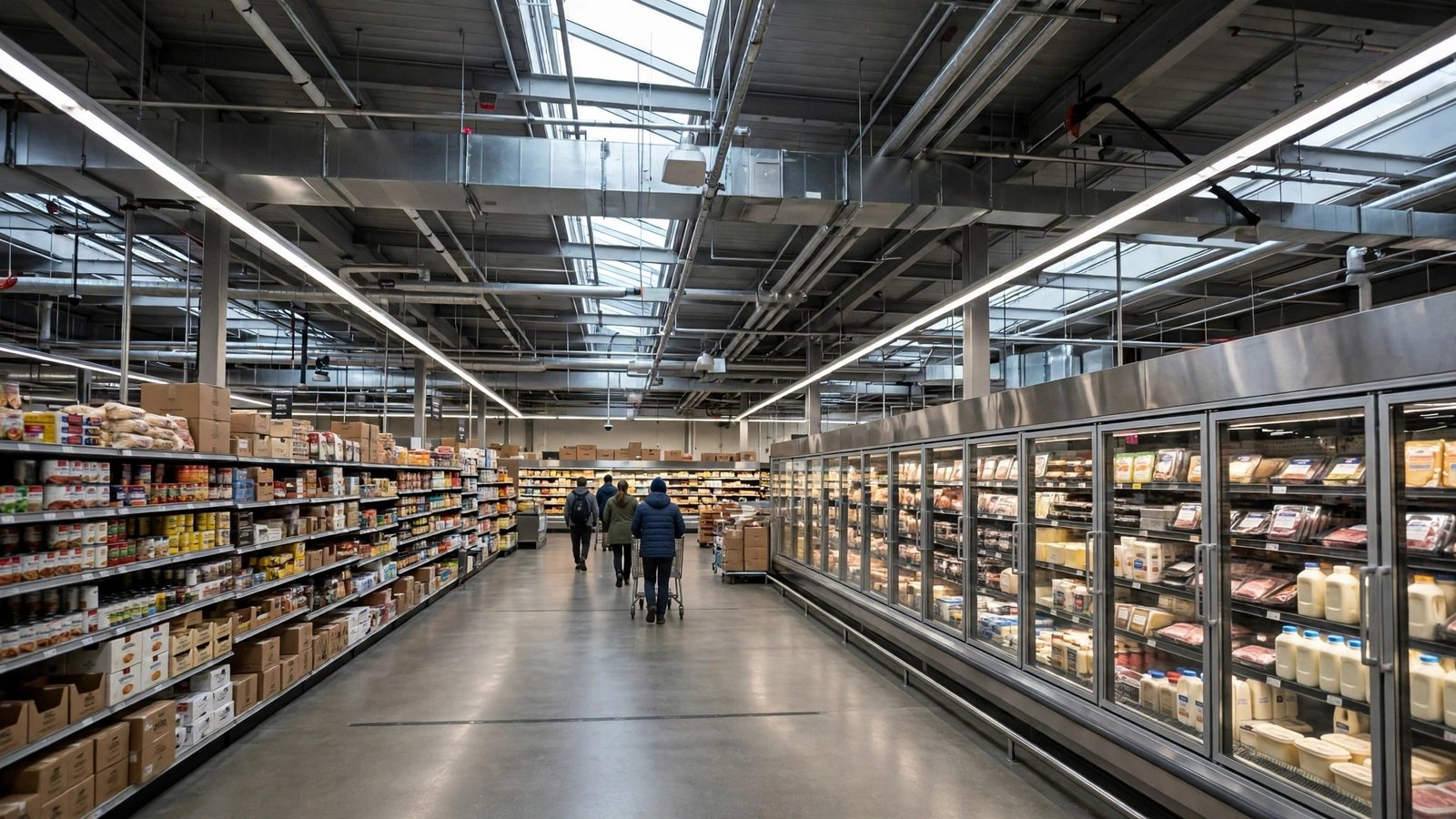 A wide grocery store aisle with refrigerated cases on the right and shoppers walking in the distance.