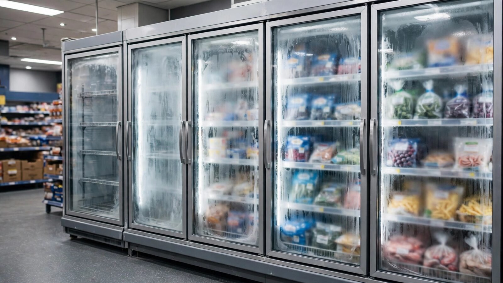 Glass freezer doors in a grocery store, with frost on the glass and one empty unit on the left.