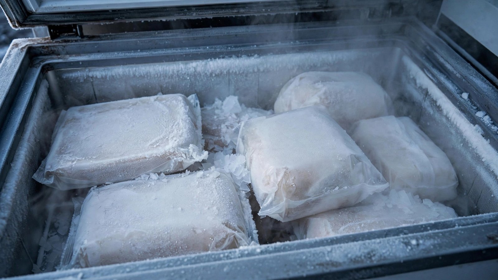 Frost-covered wrapped food packages inside an open freezer chest.