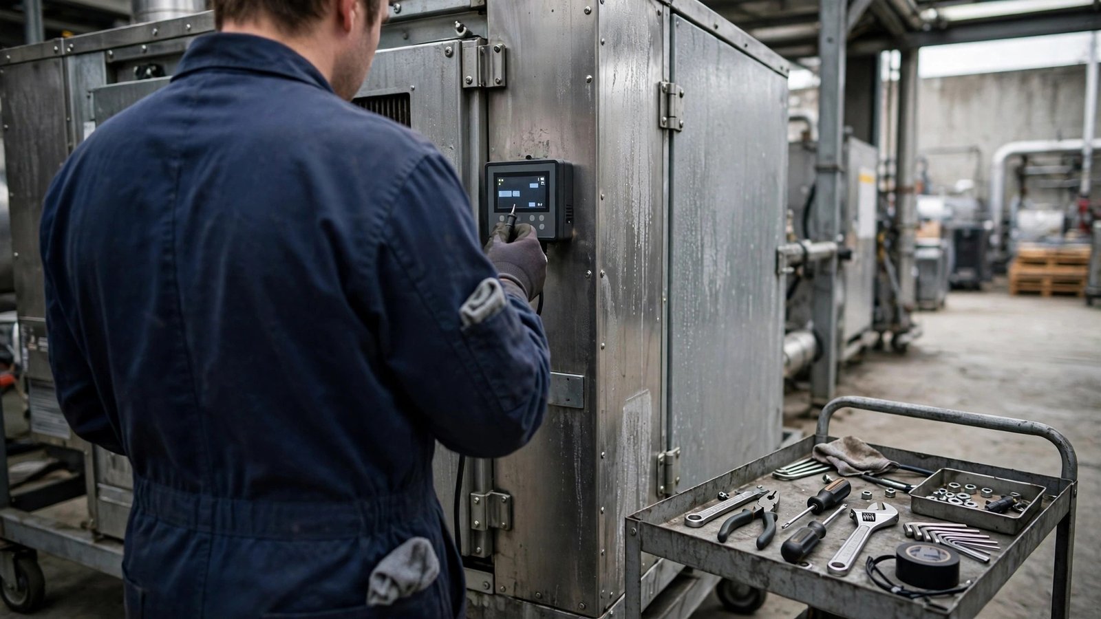 A technician in work clothes checking a small control panel on a large metal refrigeration unit.