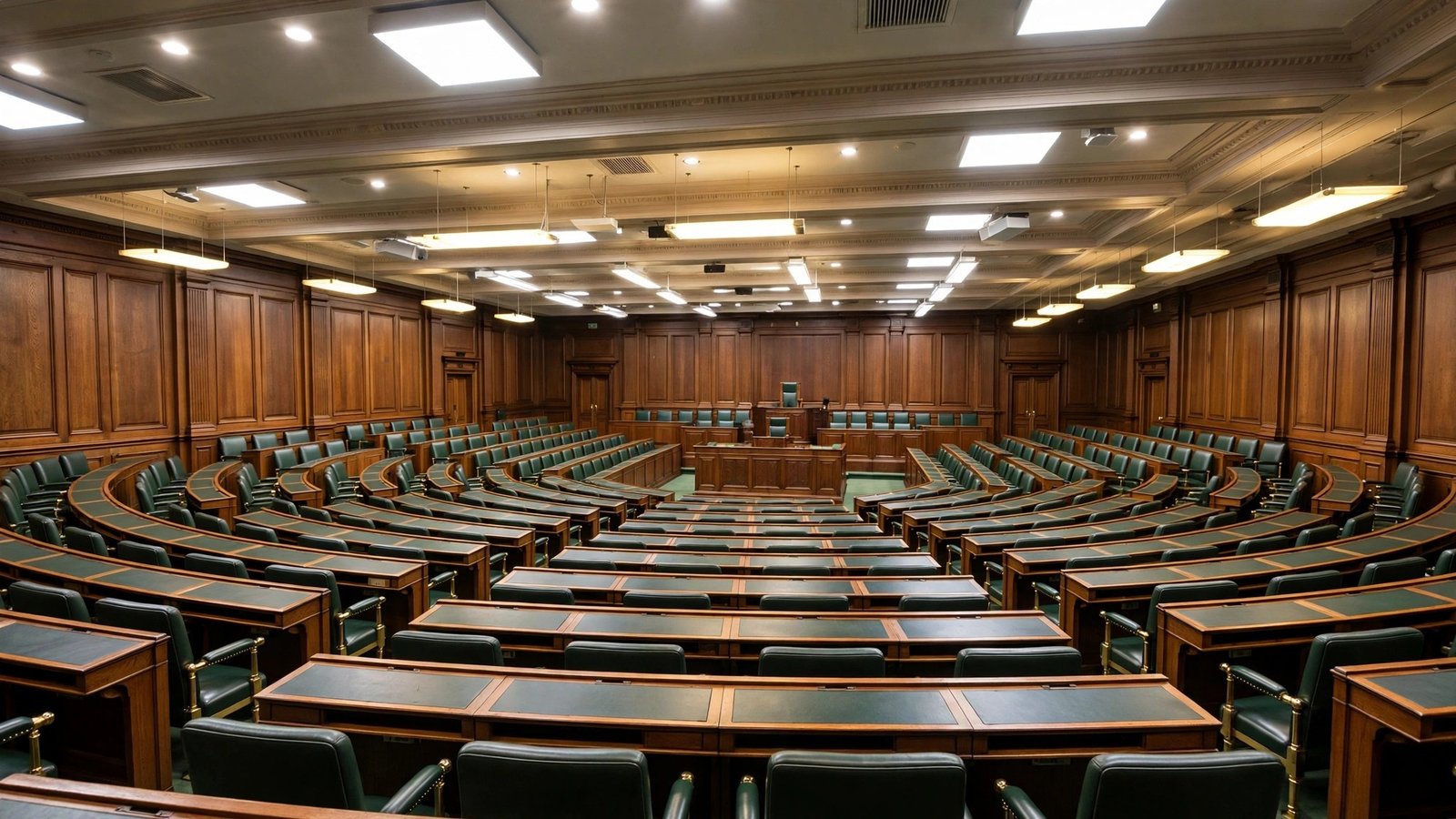 An empty parliament chamber with curved rows of wooden desks and green chairs