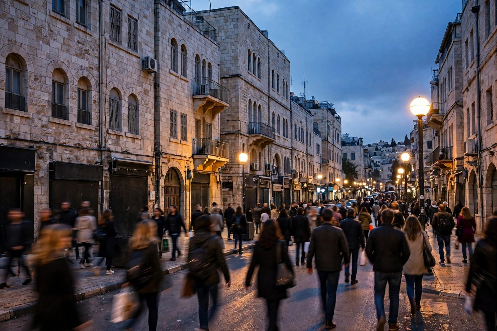 Pedestrians walking along a stone street in Jerusalem at dusk under street lights
