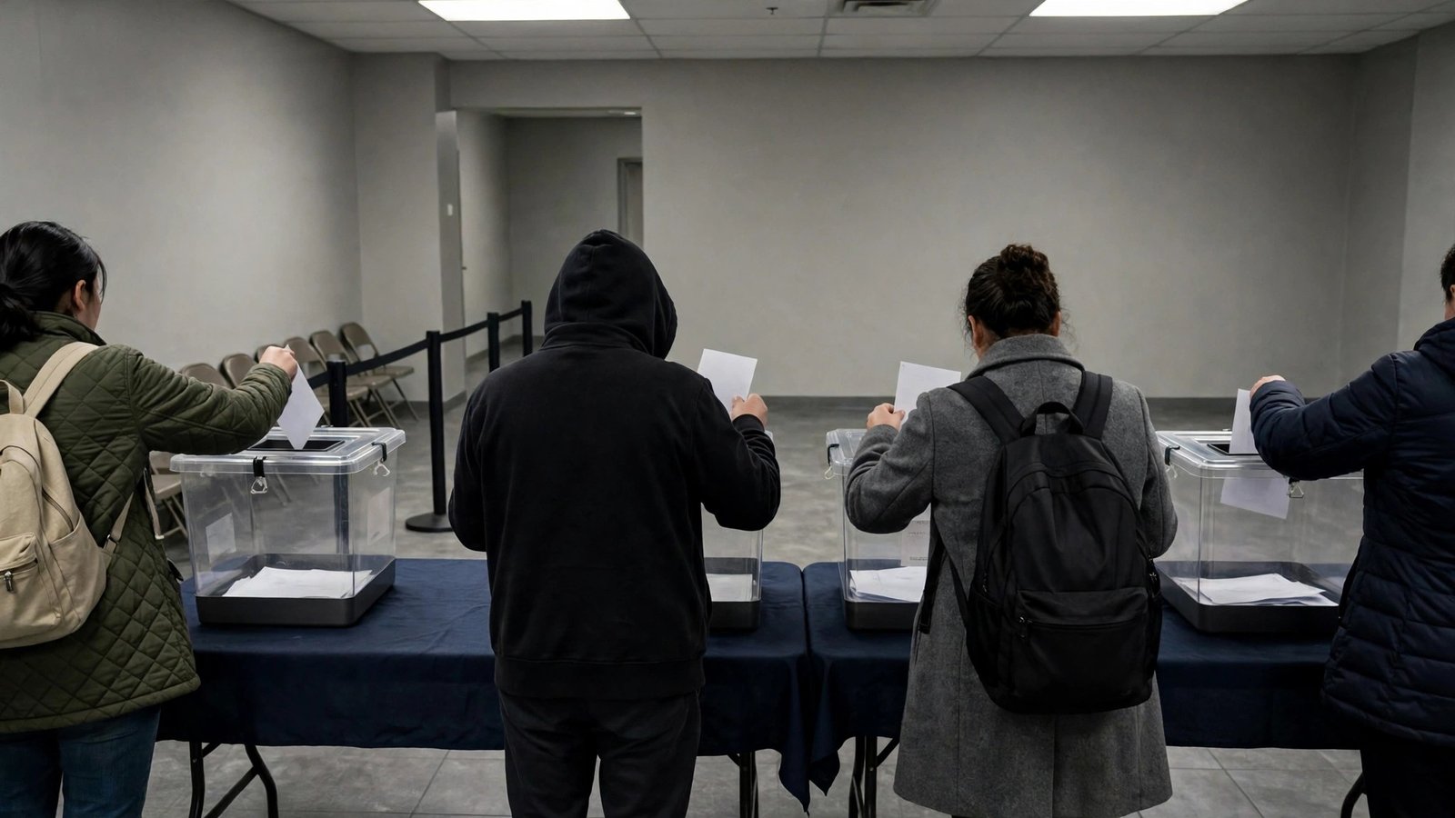 Voters seen from behind placing paper ballots into clear ballot boxes at a polling station