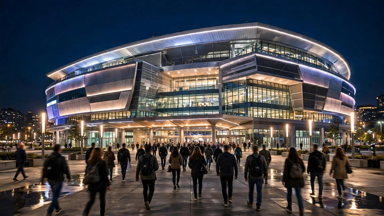 A large modern arena building lit up at night with people walking toward the entrance