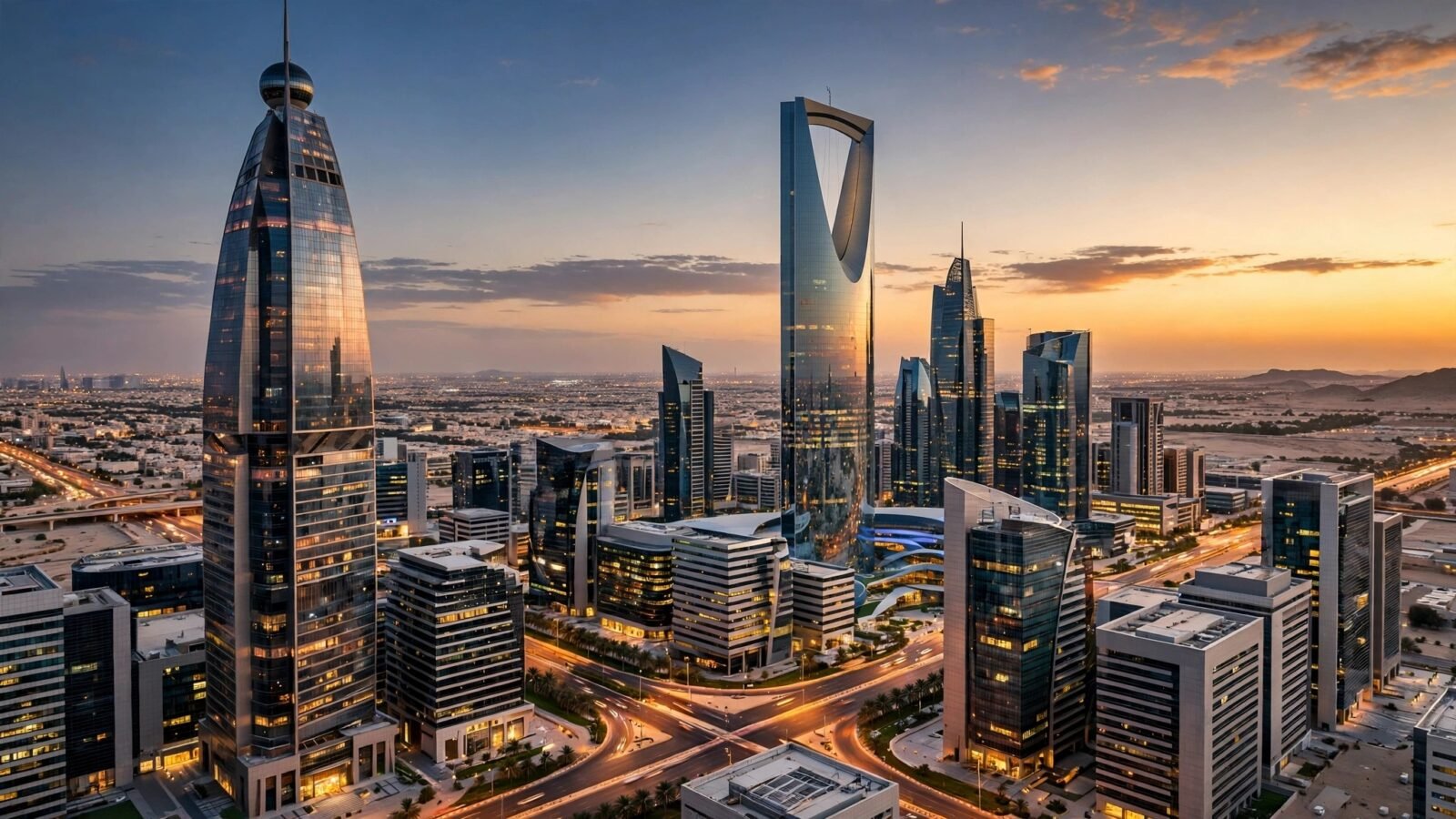 The Riyadh skyline at sunset, with modern glass skyscrapers and lit streets below