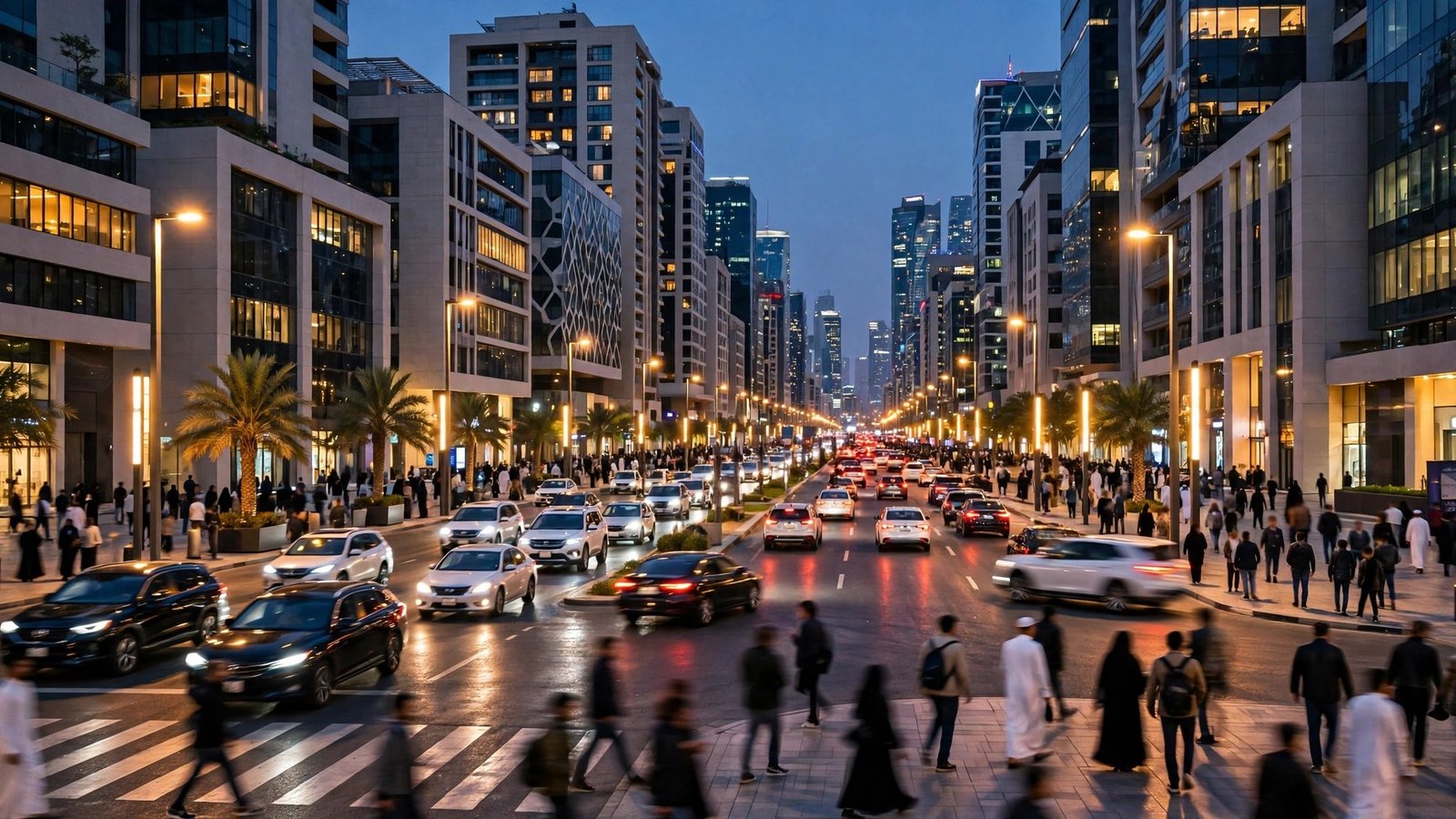 A busy boulevard in Riyadh in the evening with traffic, palm trees and pedestrians
