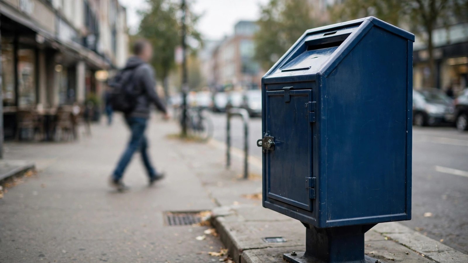 A dark blue metal drop box on a city sidewalk with a blurred pedestrian walking past in the background