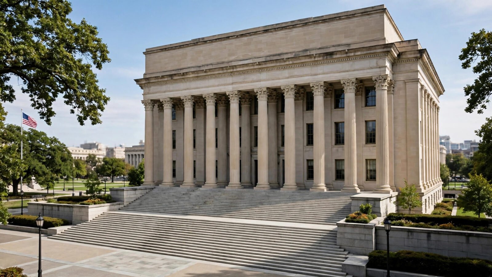 A stone federal courthouse building with tall columns and wide steps in daylight