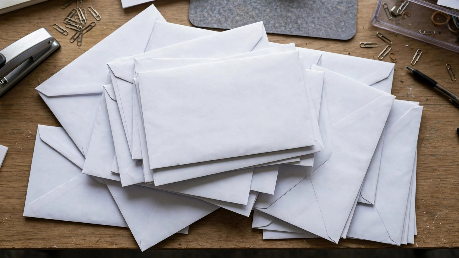 A stack of plain white envelopes on a wooden desk beside paper clips and a stapler