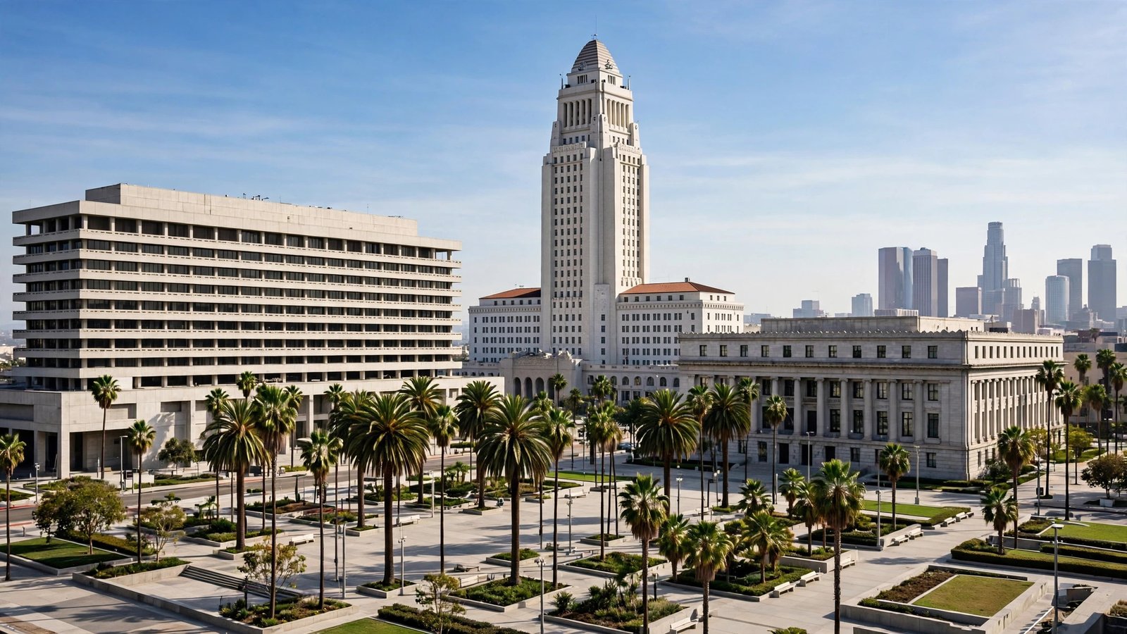 Los Angeles civic buildings with a tall white tower, palm trees, and a plaza in daylight