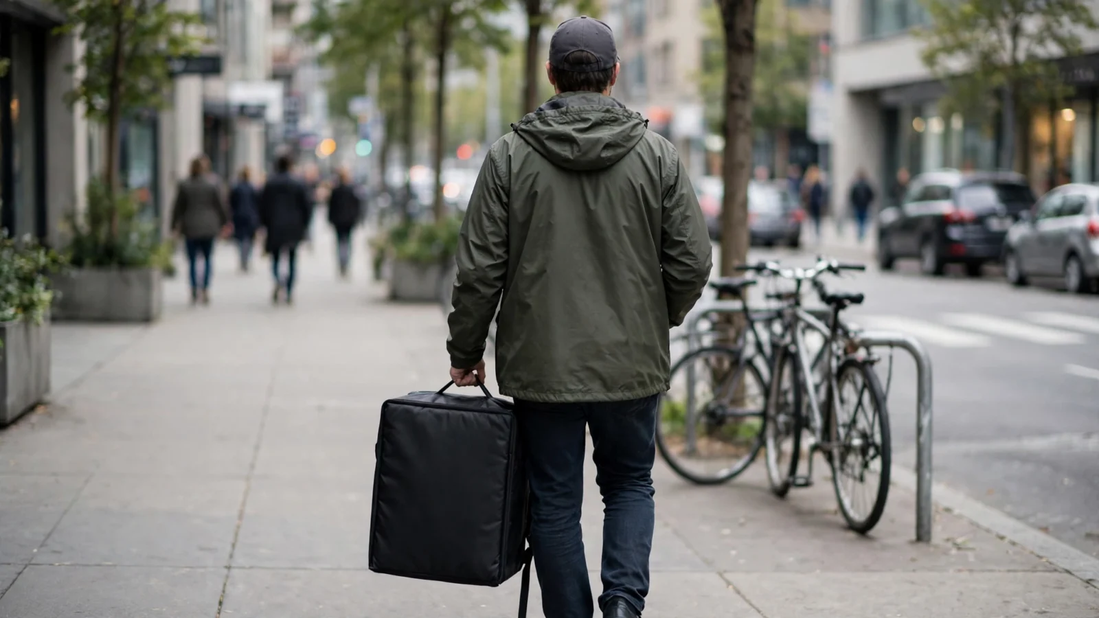 A delivery courier seen from behind walking on a city sidewalk carrying a plain black insulated delivery bag
