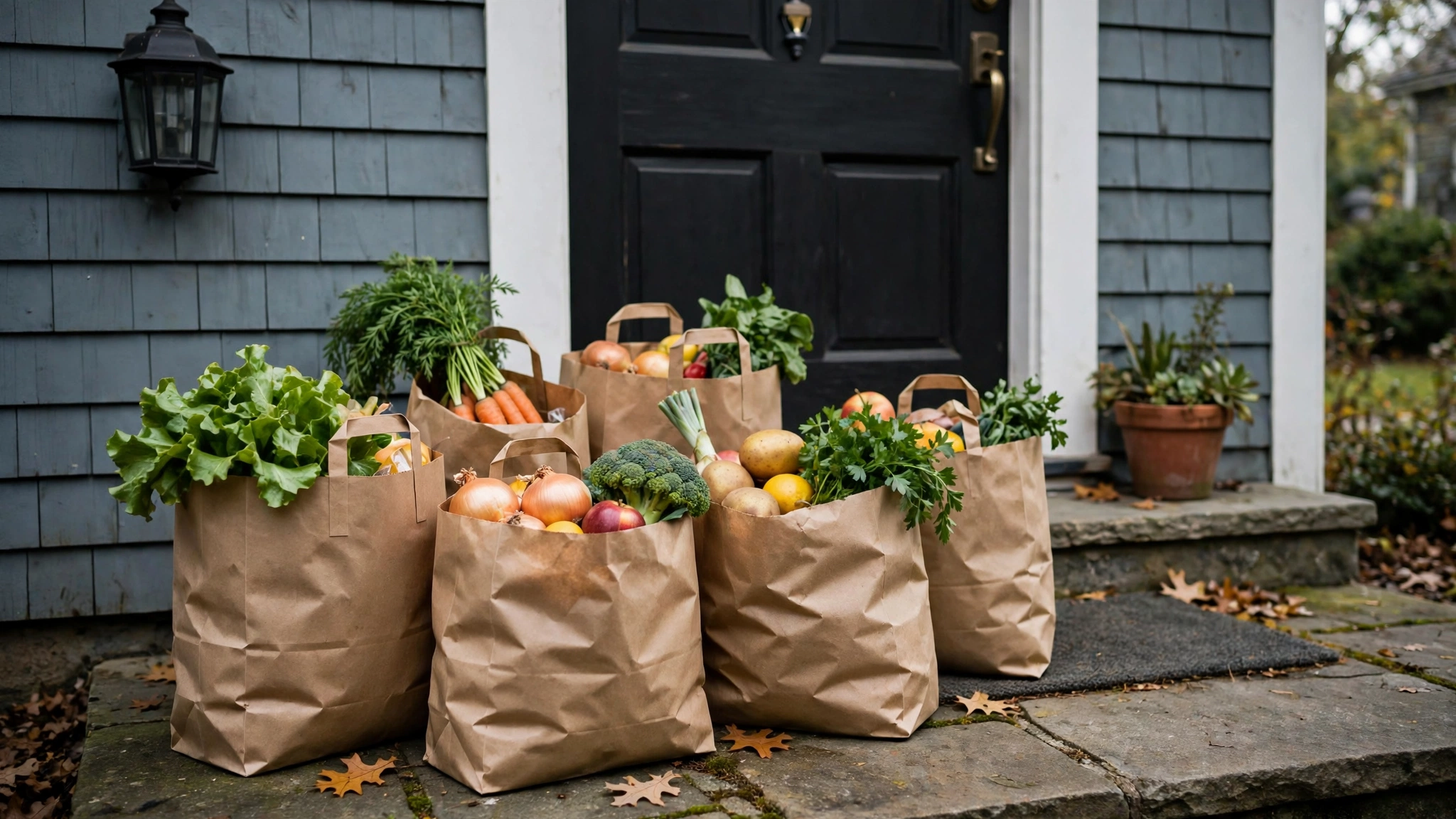 Paper grocery bags filled with vegetables and fruit standing on a house doorstep