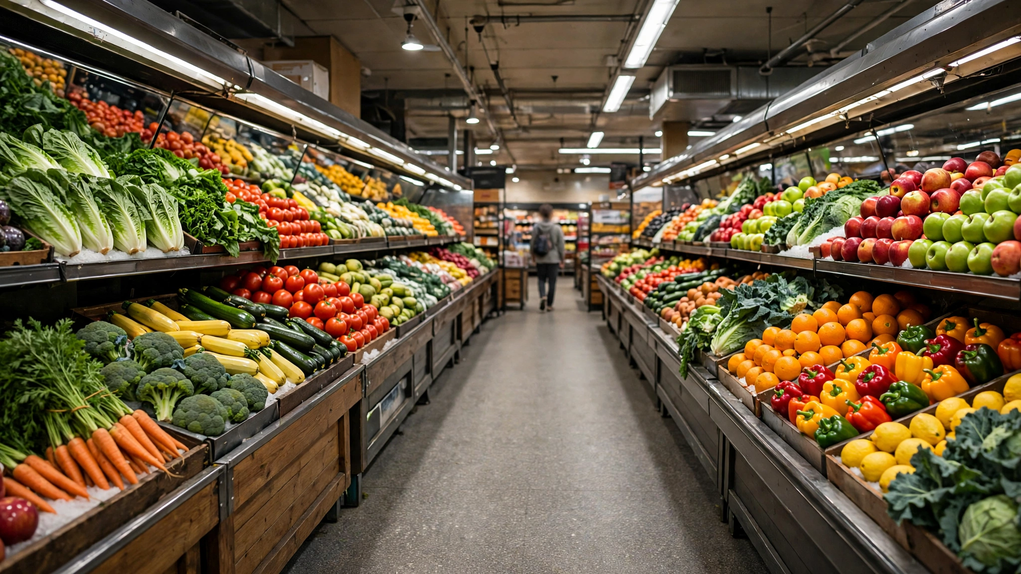 A supermarket produce aisle stocked with vegetables and fruit, with a shopper in the distance