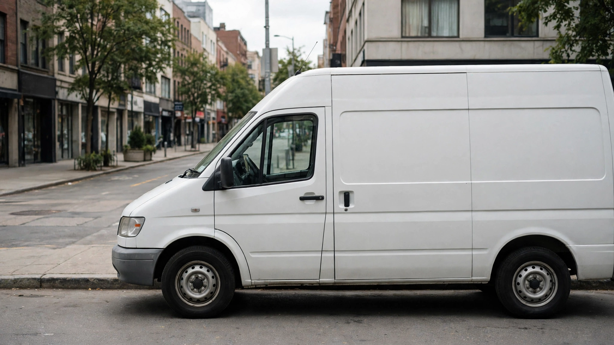A plain white delivery van parked on a city street