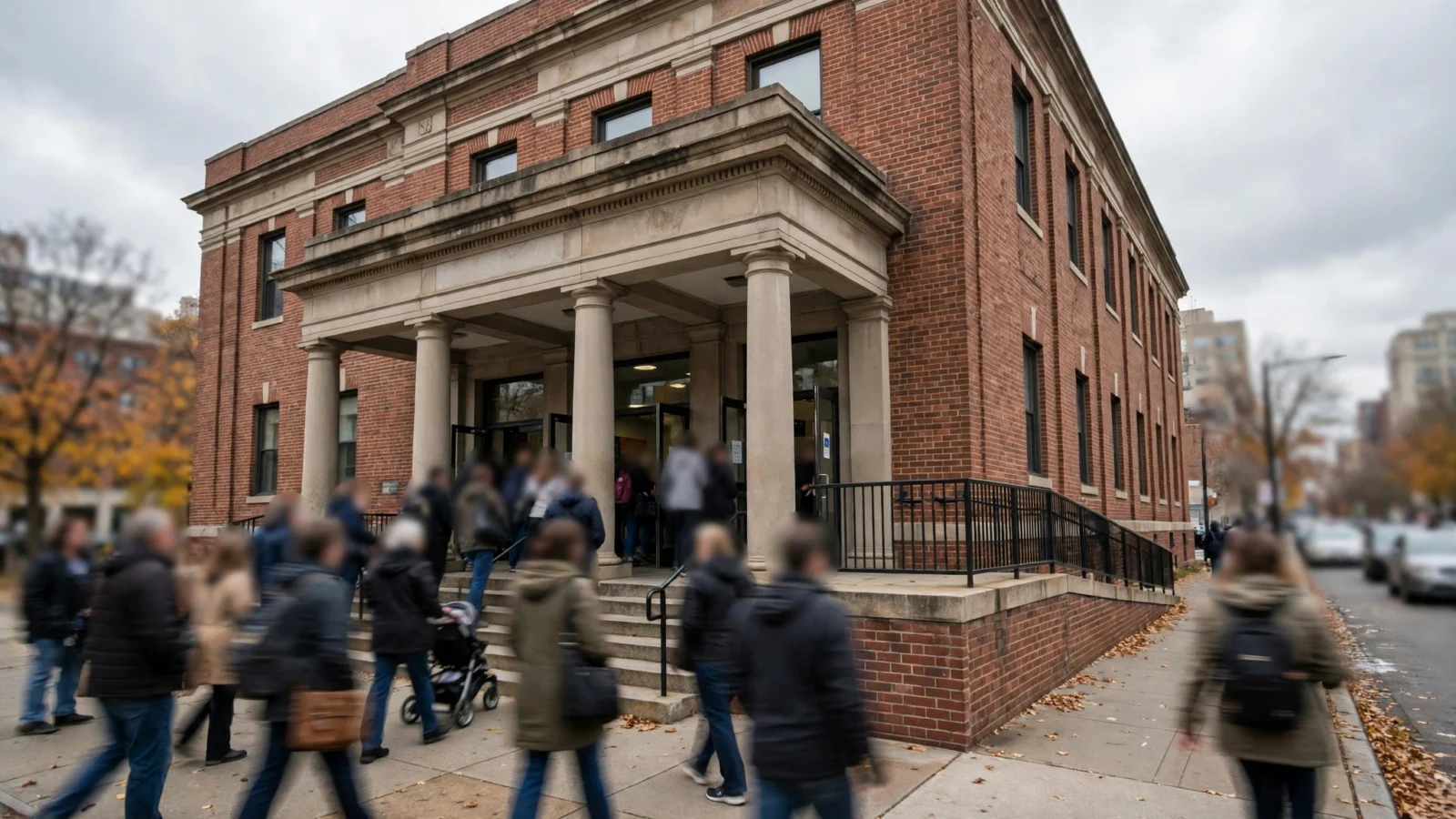 People with blurred faces walking toward the entrance of a brick civic building