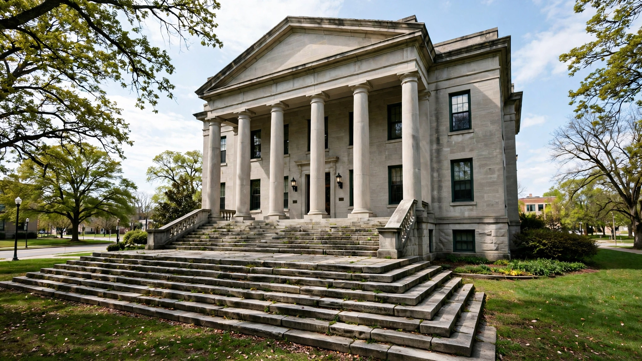 A stone courthouse building with tall columns and wide front steps