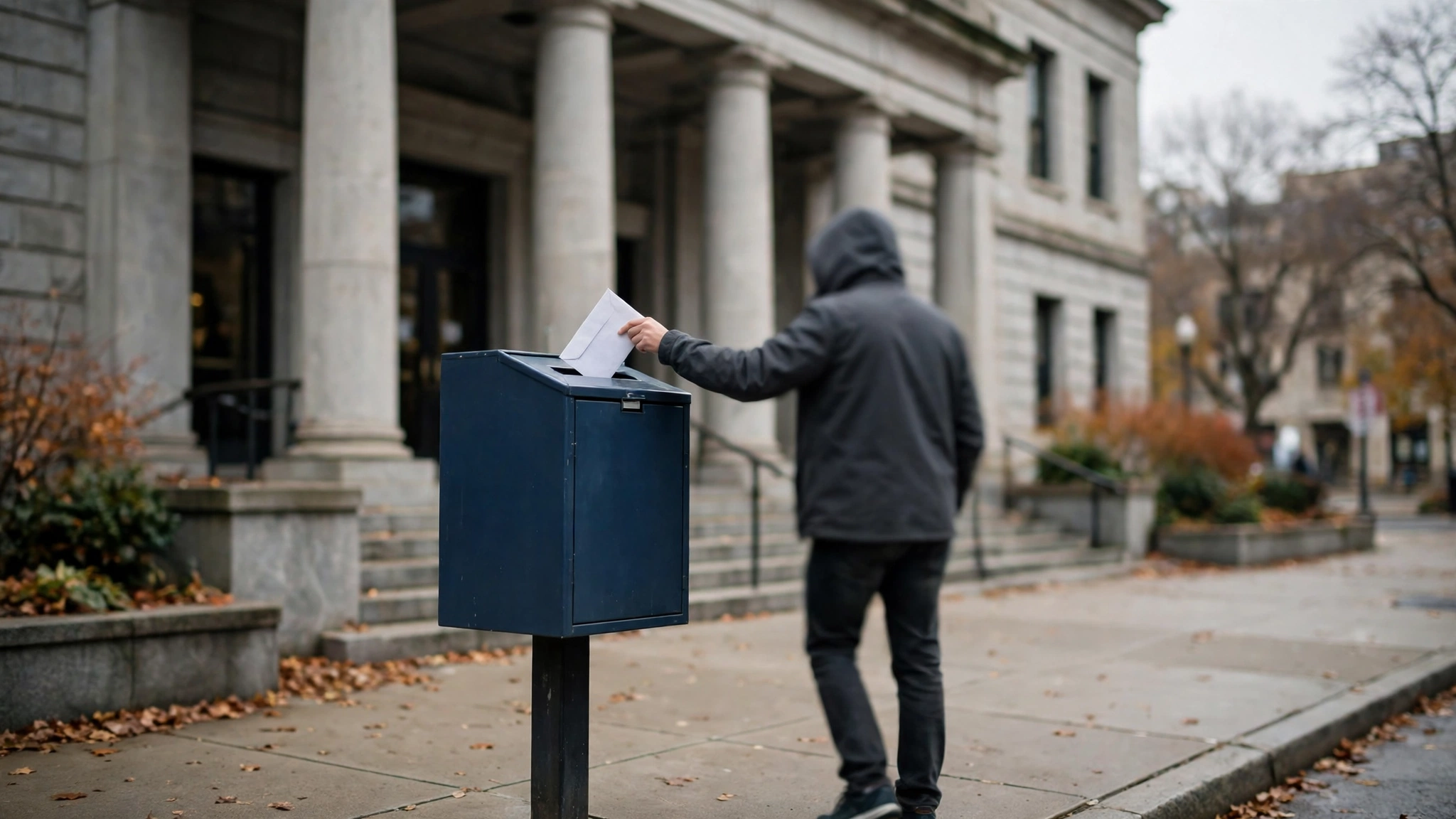 A person seen from behind placing a white envelope into a dark blue ballot drop box outside a civic building
