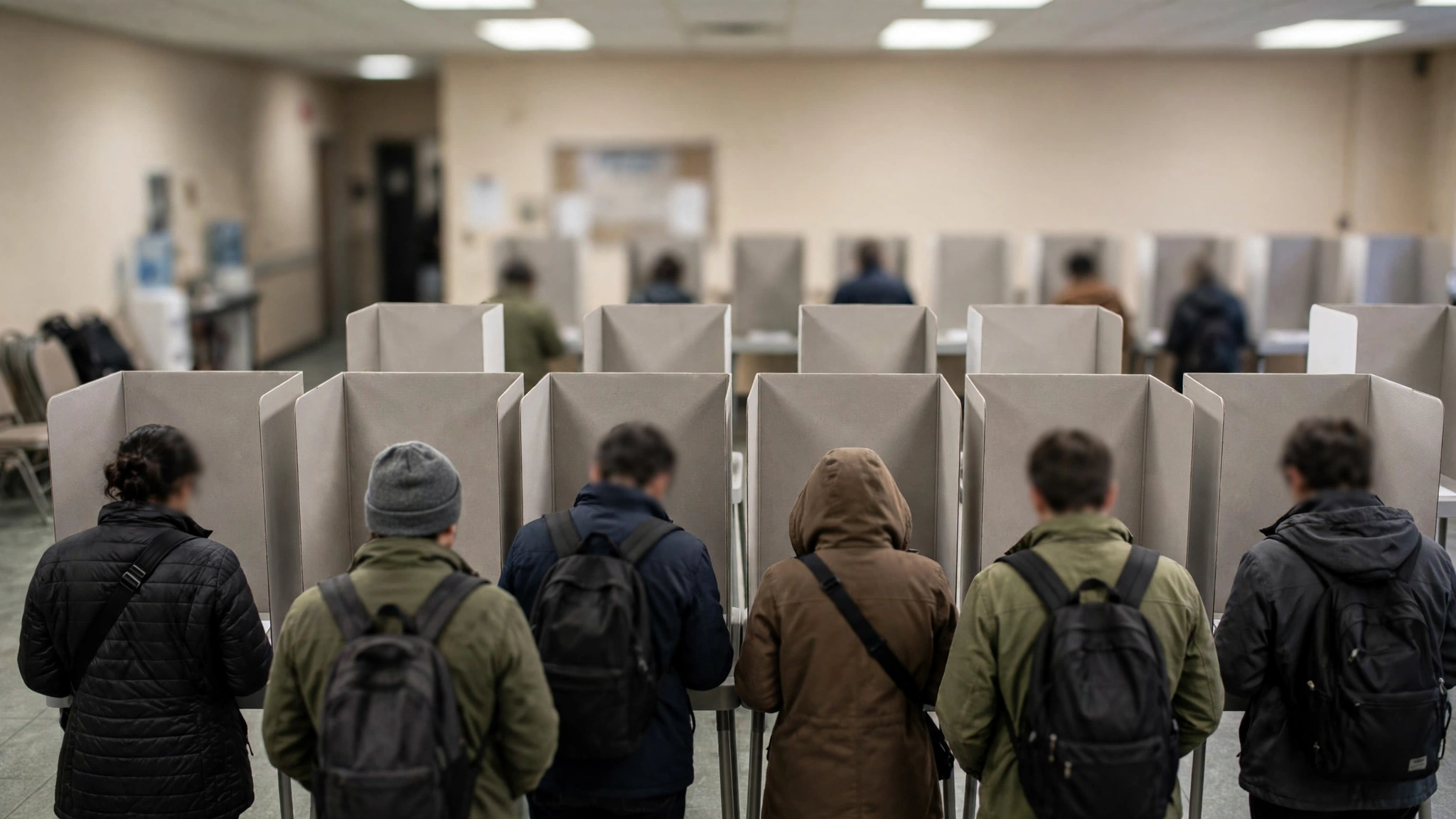 Voters seen from behind standing at voting booths inside a polling station