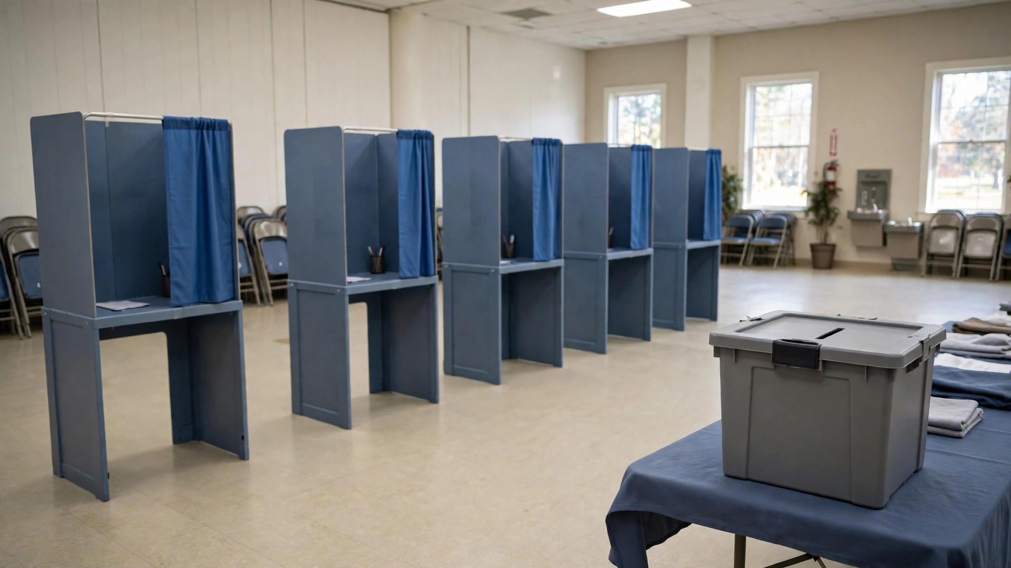 Empty voting booths with blue curtains and a gray ballot box on a table in a bright hall