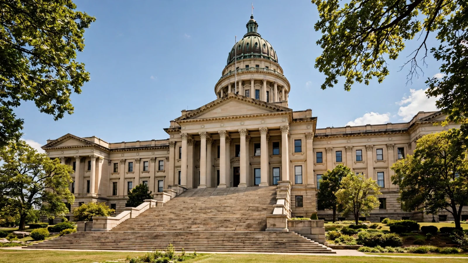 A domed state capitol building with tall columns and wide stone steps on a clear day