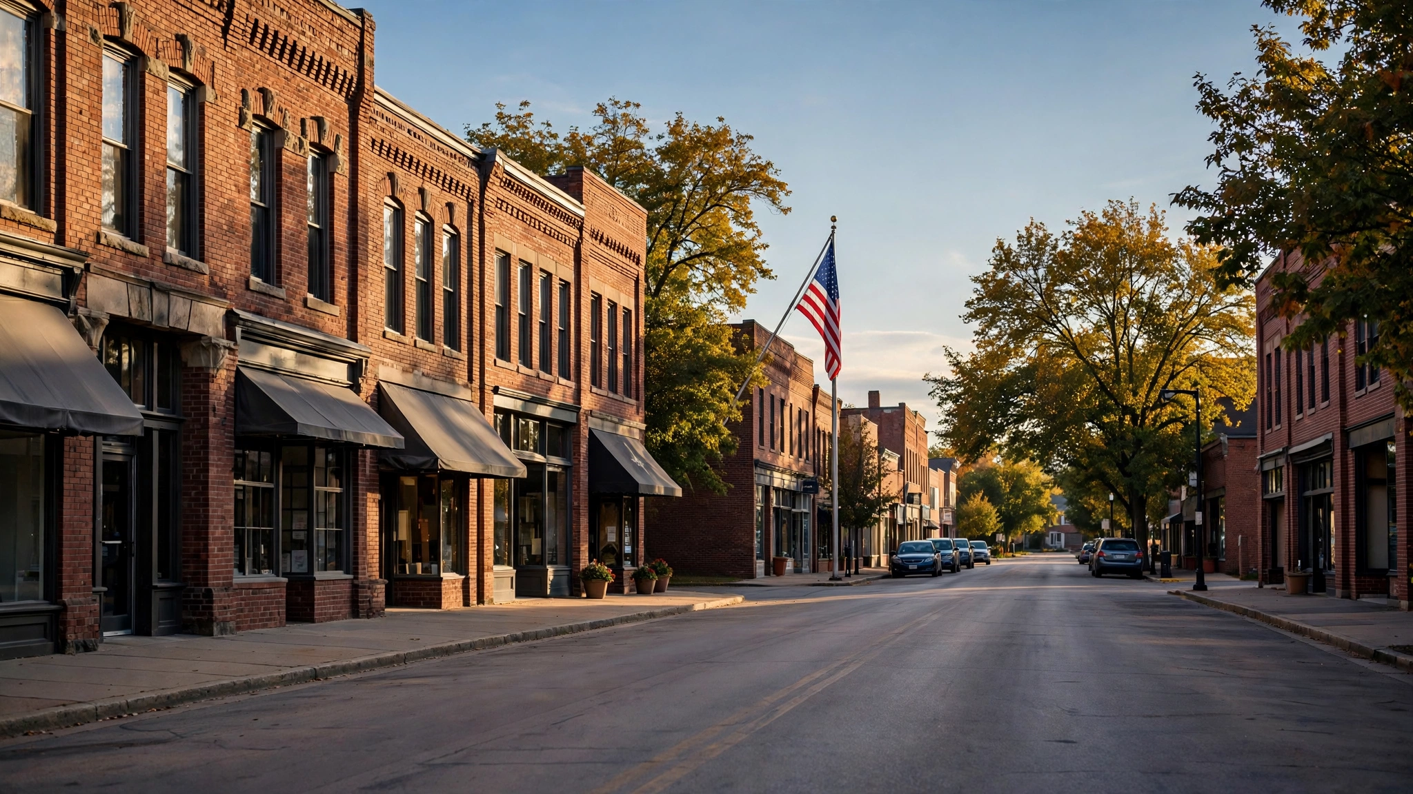 A brick main street with storefronts, trees and an American flag on a pole in late afternoon light