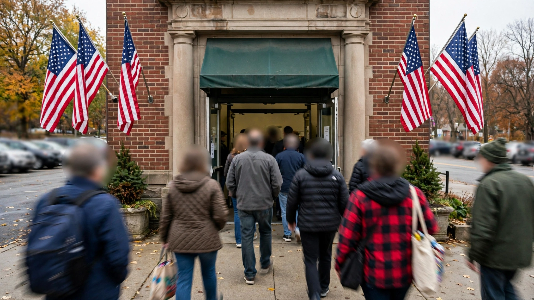 People with indistinct faces walking into a brick building entrance decorated with American flags