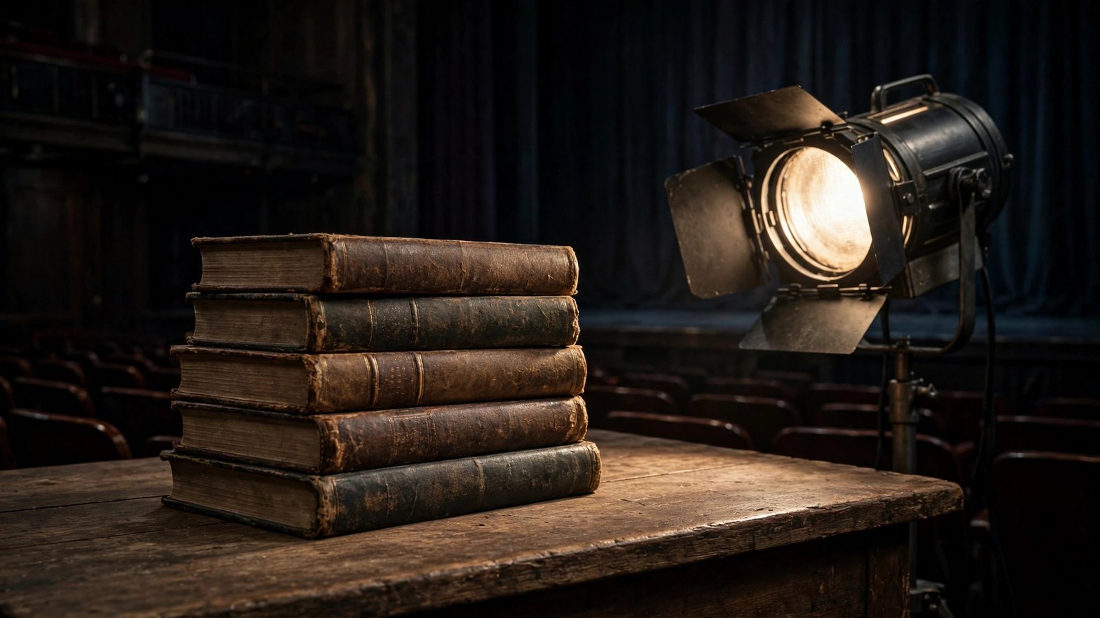 A stack of old hardcover books on a wooden table beside a lit stage spotlight in a dark theater