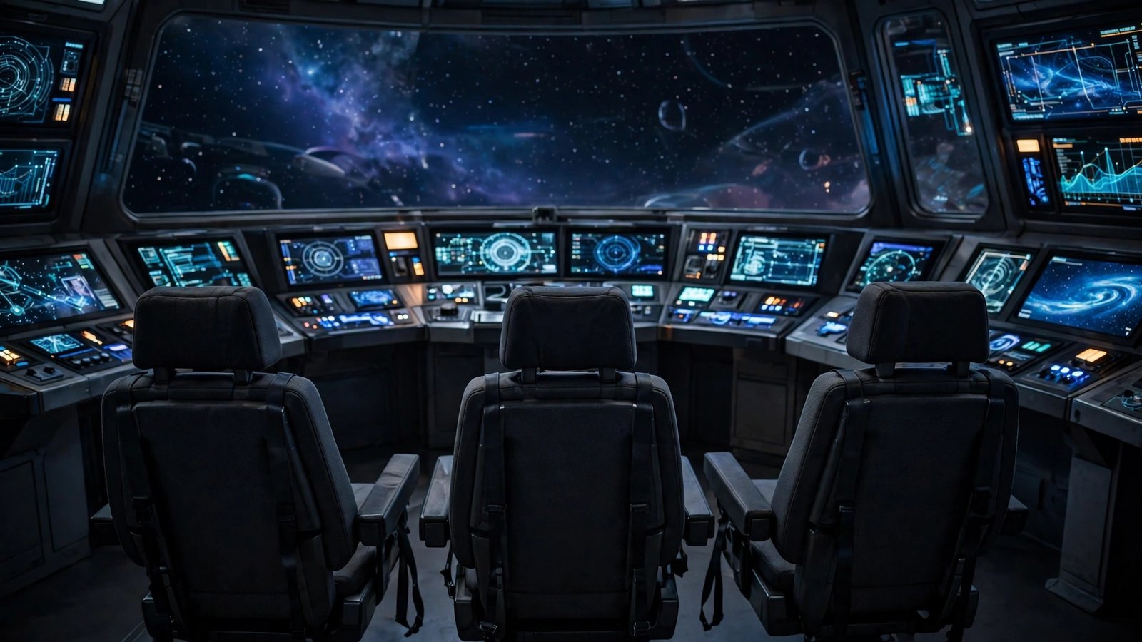 An empty starship bridge set with three command chairs facing control panels and a view of stars