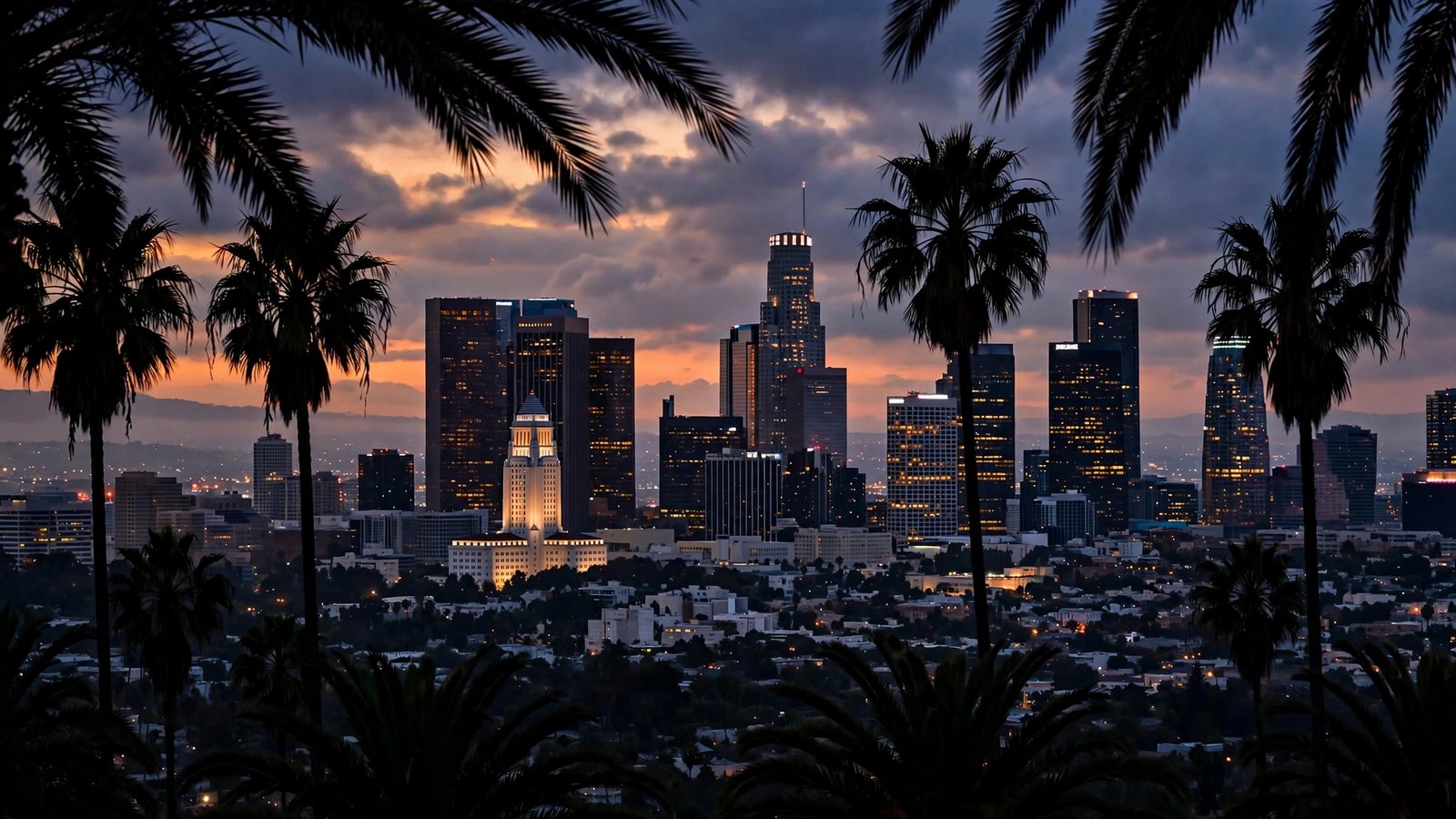 The Los Angeles skyline at dusk with palm trees silhouetted in the foreground