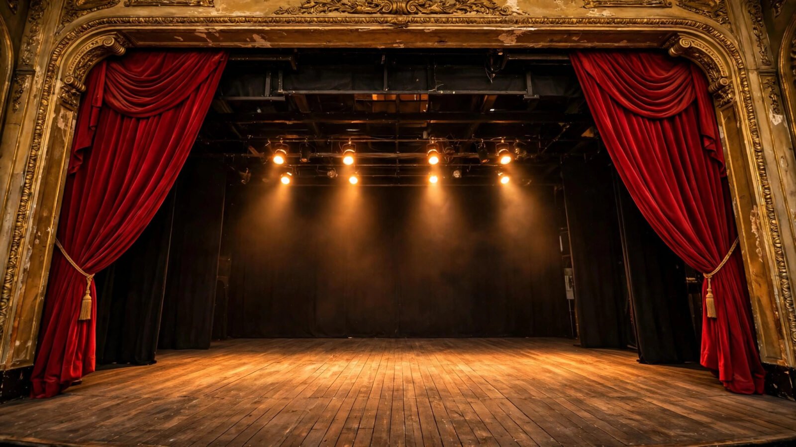 An empty theater stage with red curtains drawn back and spotlights shining on wooden floorboards