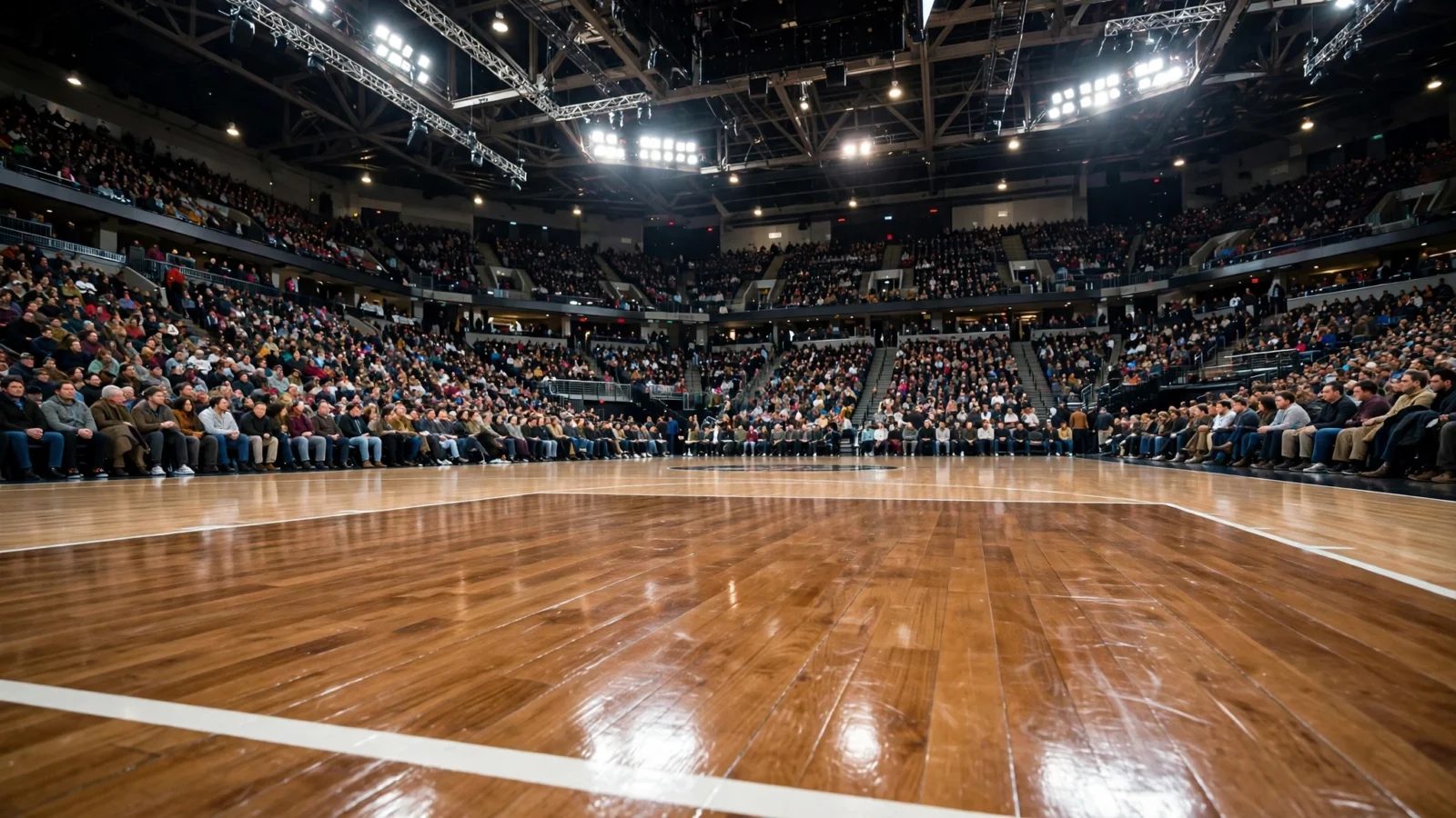 A large indoor basketball arena with a polished wooden court and crowded stands under bright lights