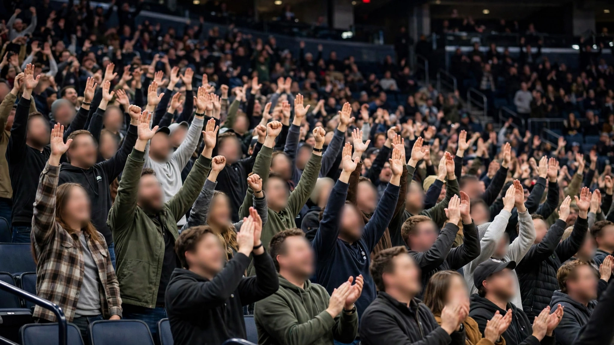 Spectators in arena stands with their hands raised, faces indistinct