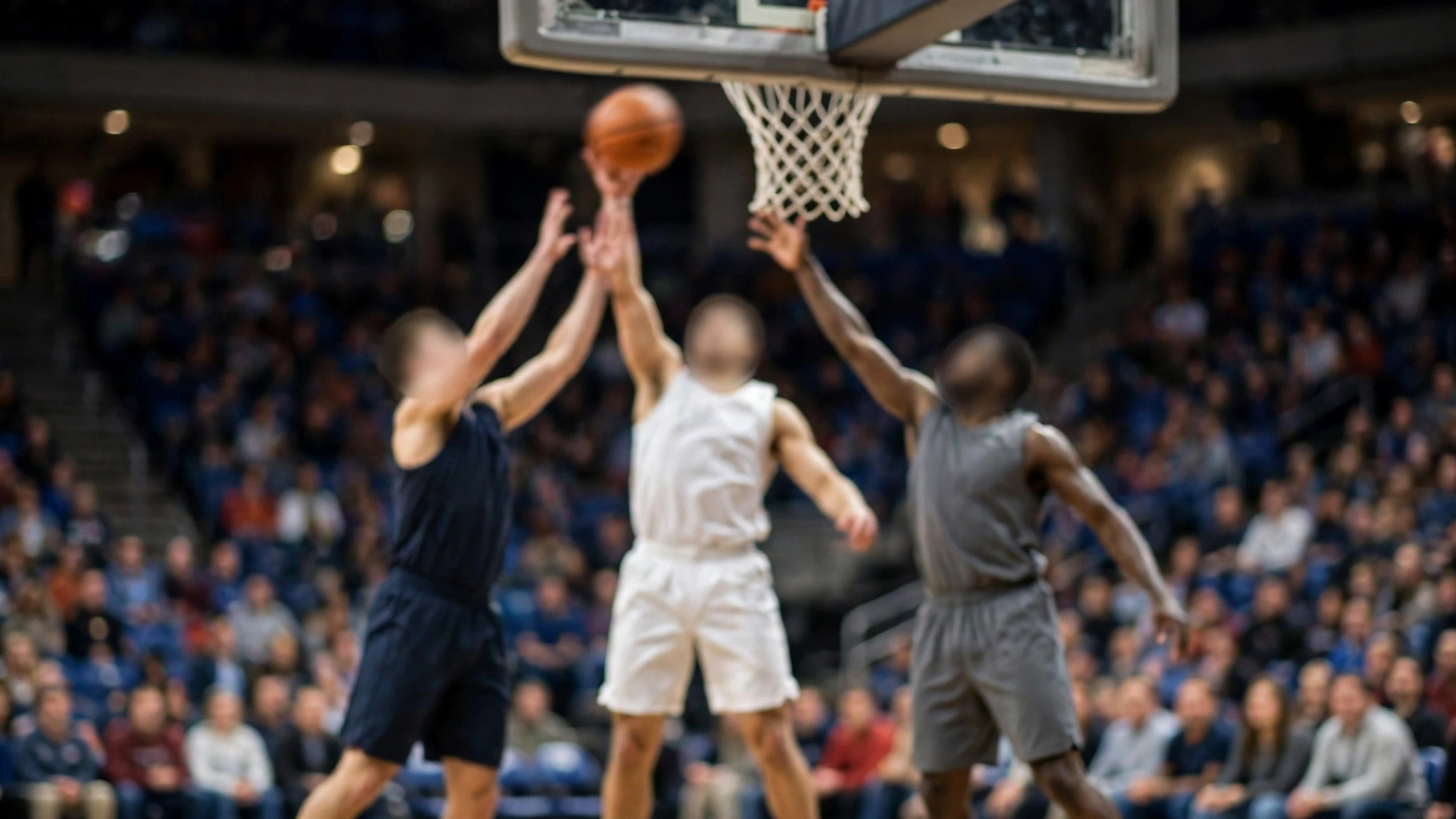 Three basketball players in plain uniforms without logos contesting a shot near the hoop in front of a crowd