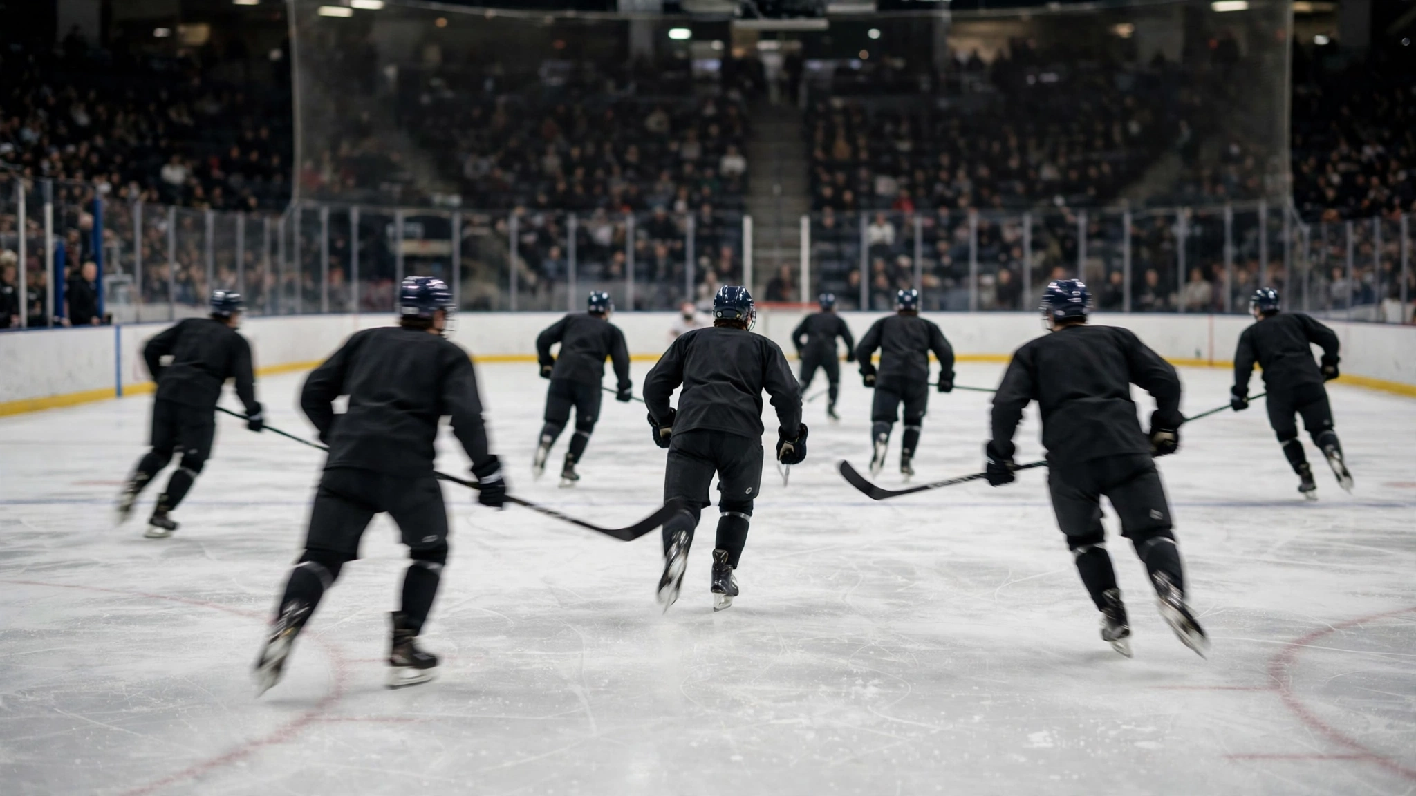 Ice hockey players in plain dark jerseys skating on a rink during a game, seen from behind