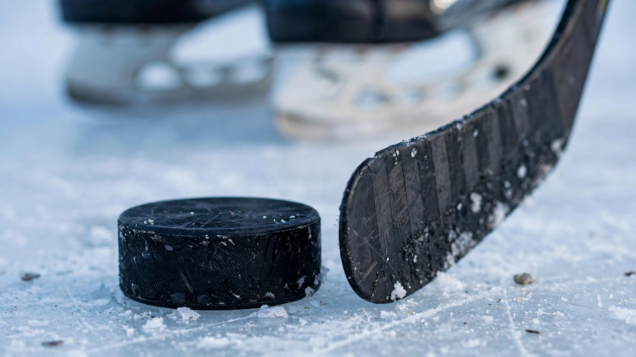 A black hockey puck on ice next to the blade of a hockey stick, with skate blades blurred behind