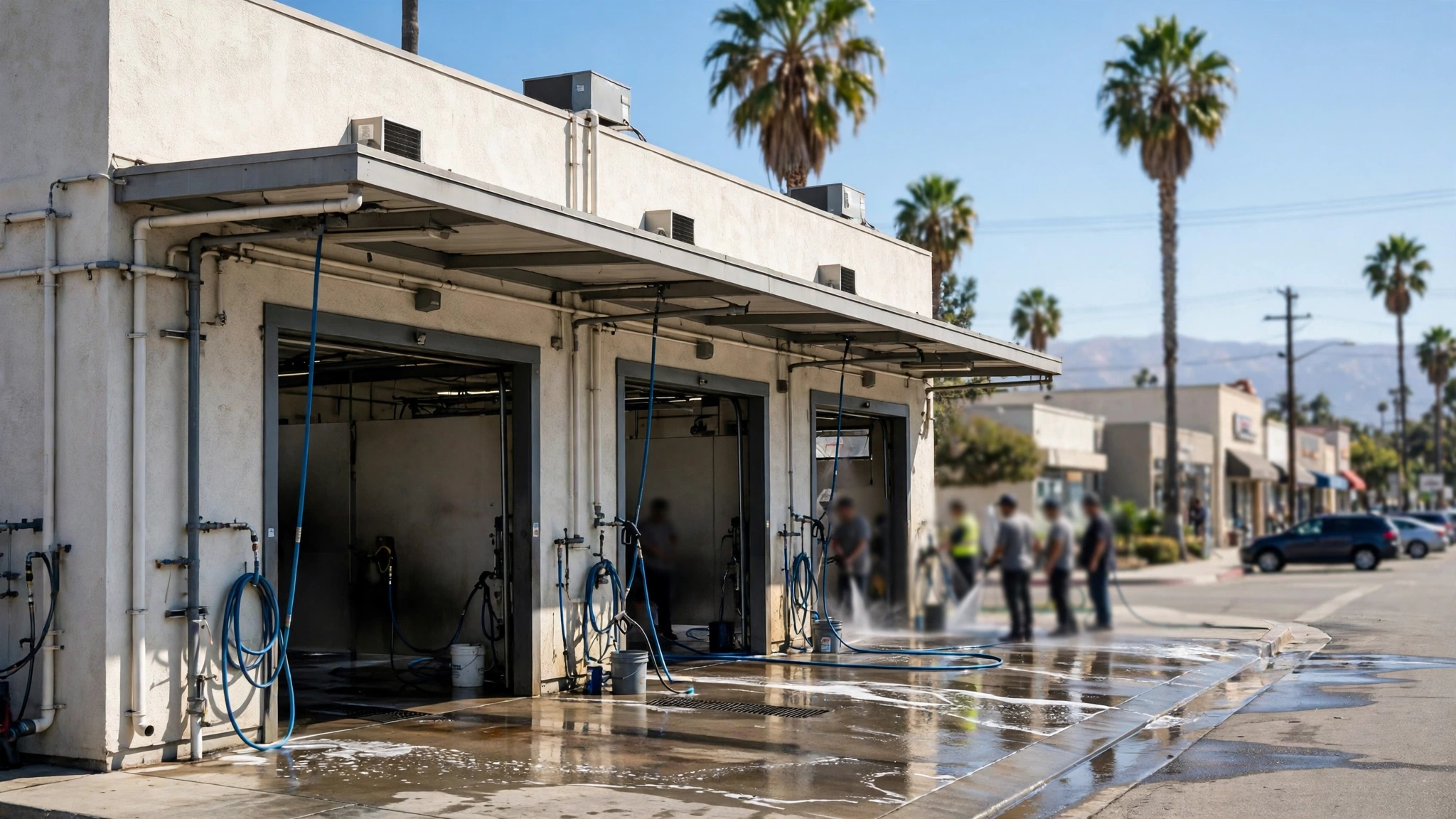 Workers washing cars at an outdoor car wash with palm trees in the background