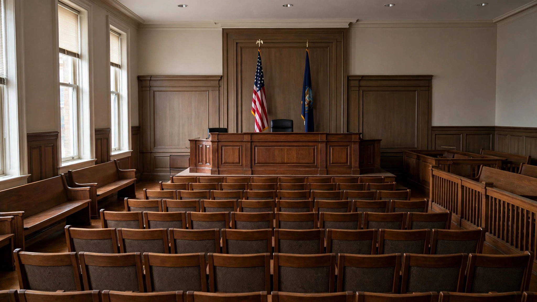 An empty courtroom with a wooden judge bench, flags, and rows of wooden chairs