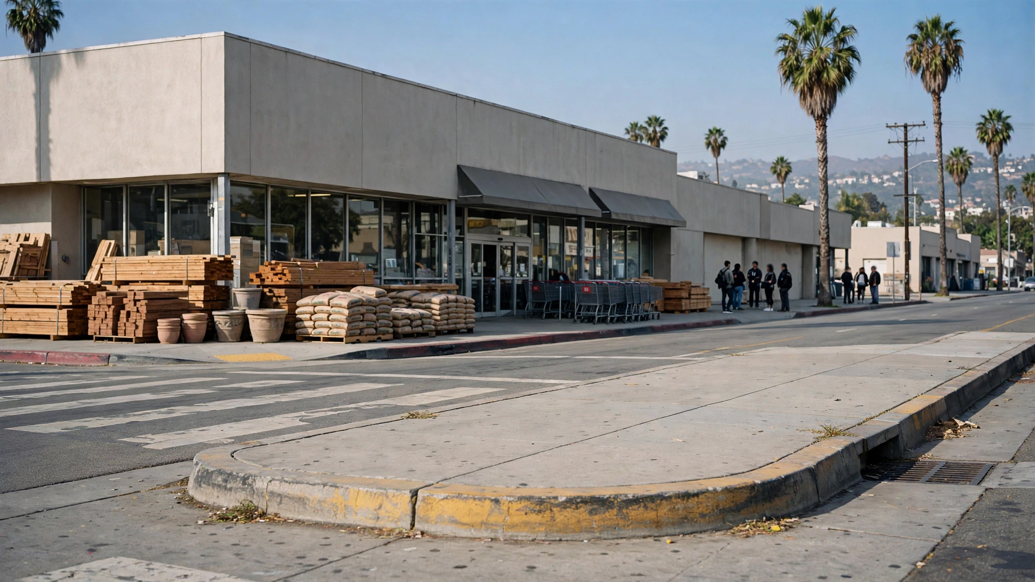 A home improvement store exterior with stacked lumber outside and people standing on the sidewalk