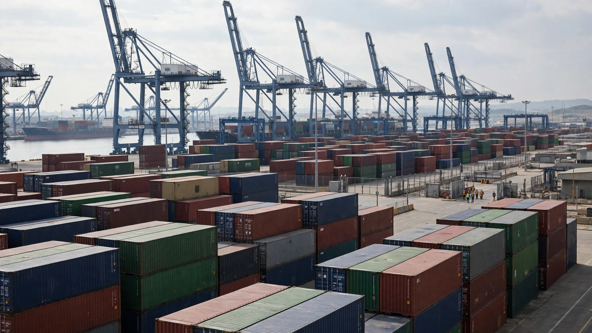 A commercial seaport with tall cargo cranes, stacked shipping containers and a small group of workers near a gate