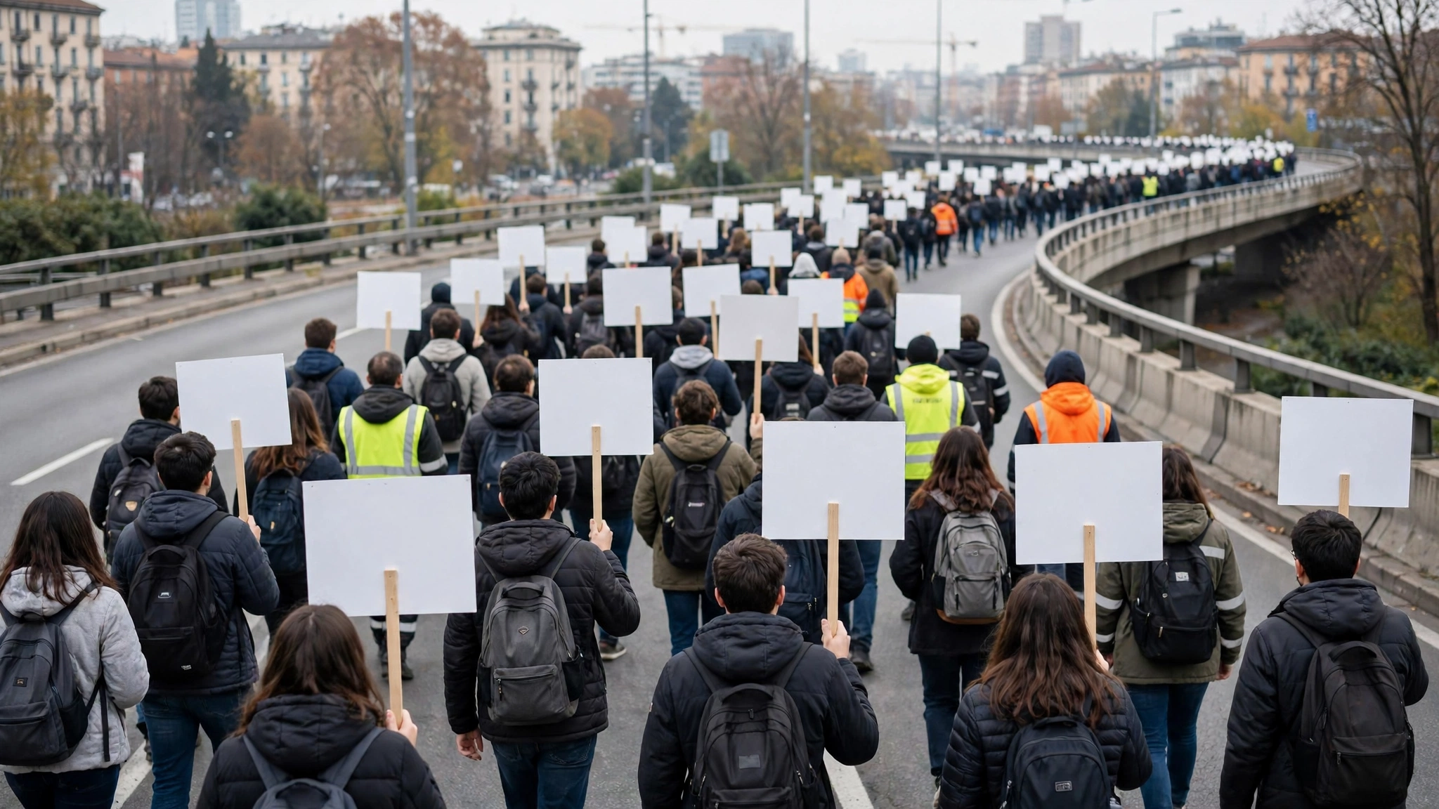 Marchers carrying blank white placards walking along a curved city road in Milan