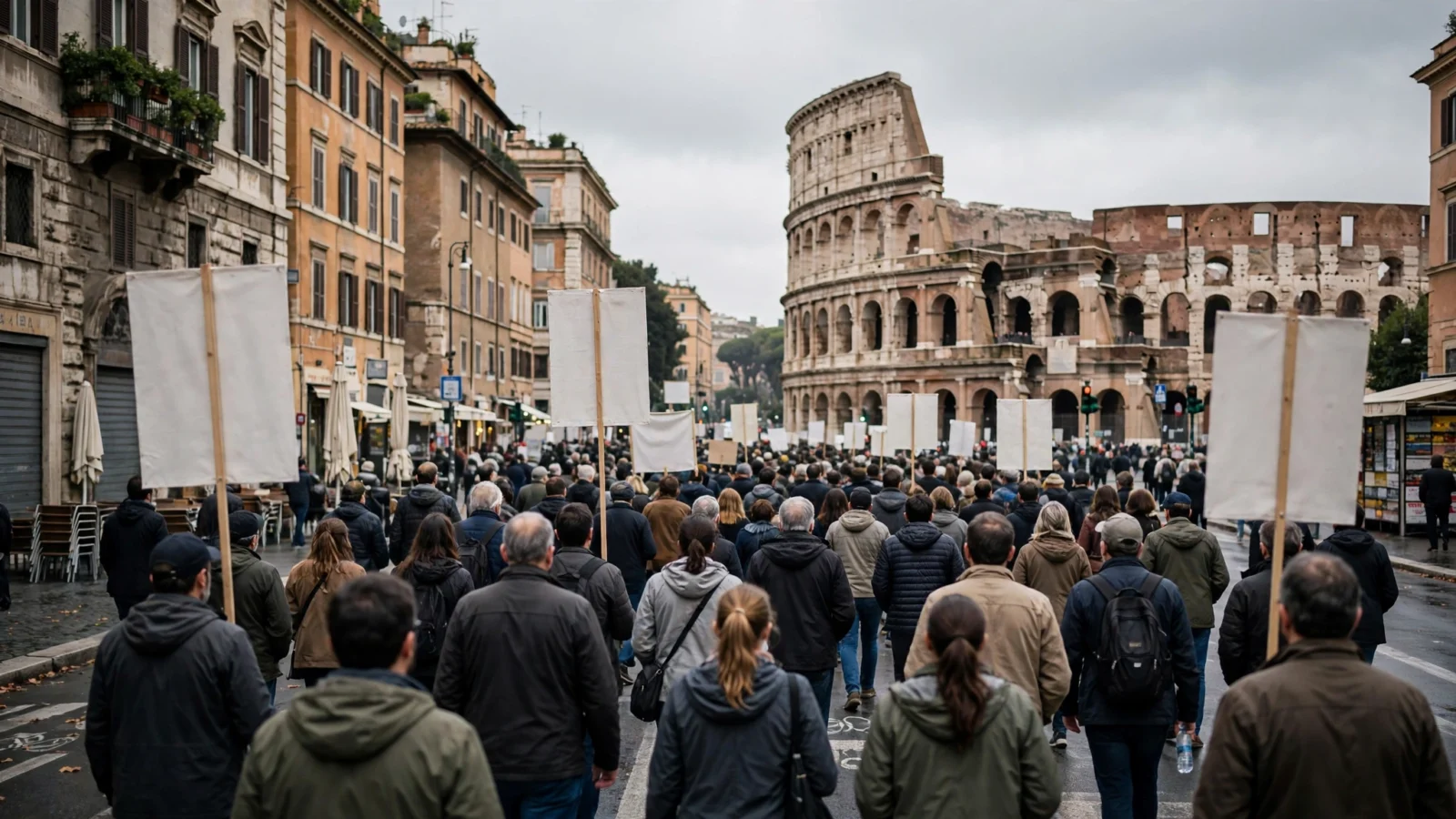 A crowd of marchers seen from behind carrying blank white banners on a street in Rome near the Colosseum