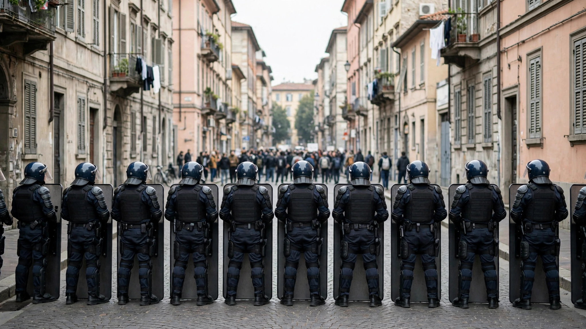 A line of police officers in helmets holding plain shields across a cobblestone street, with a distant crowd behind them