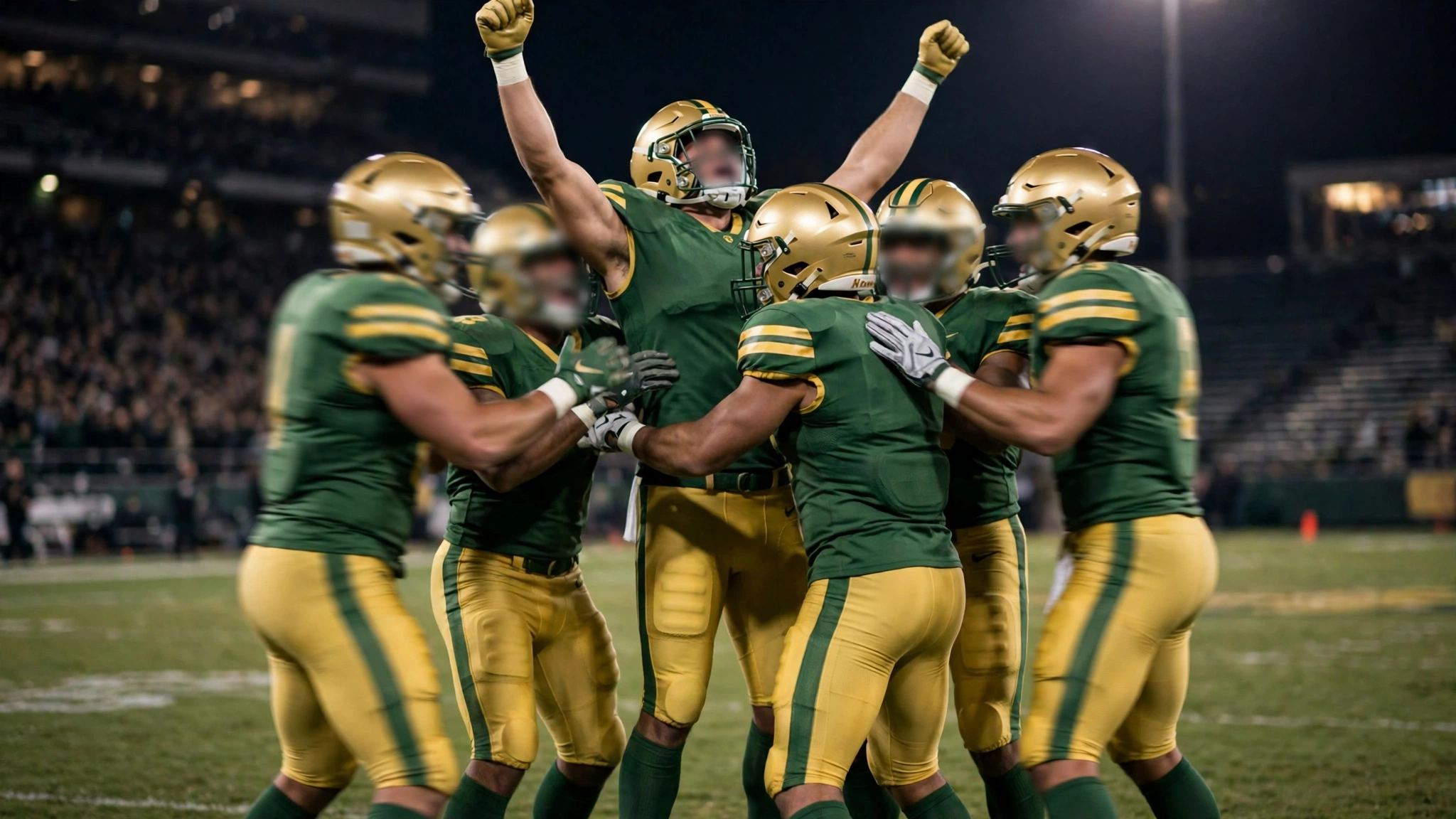 Football players in green and gold uniforms celebrating on the field at night