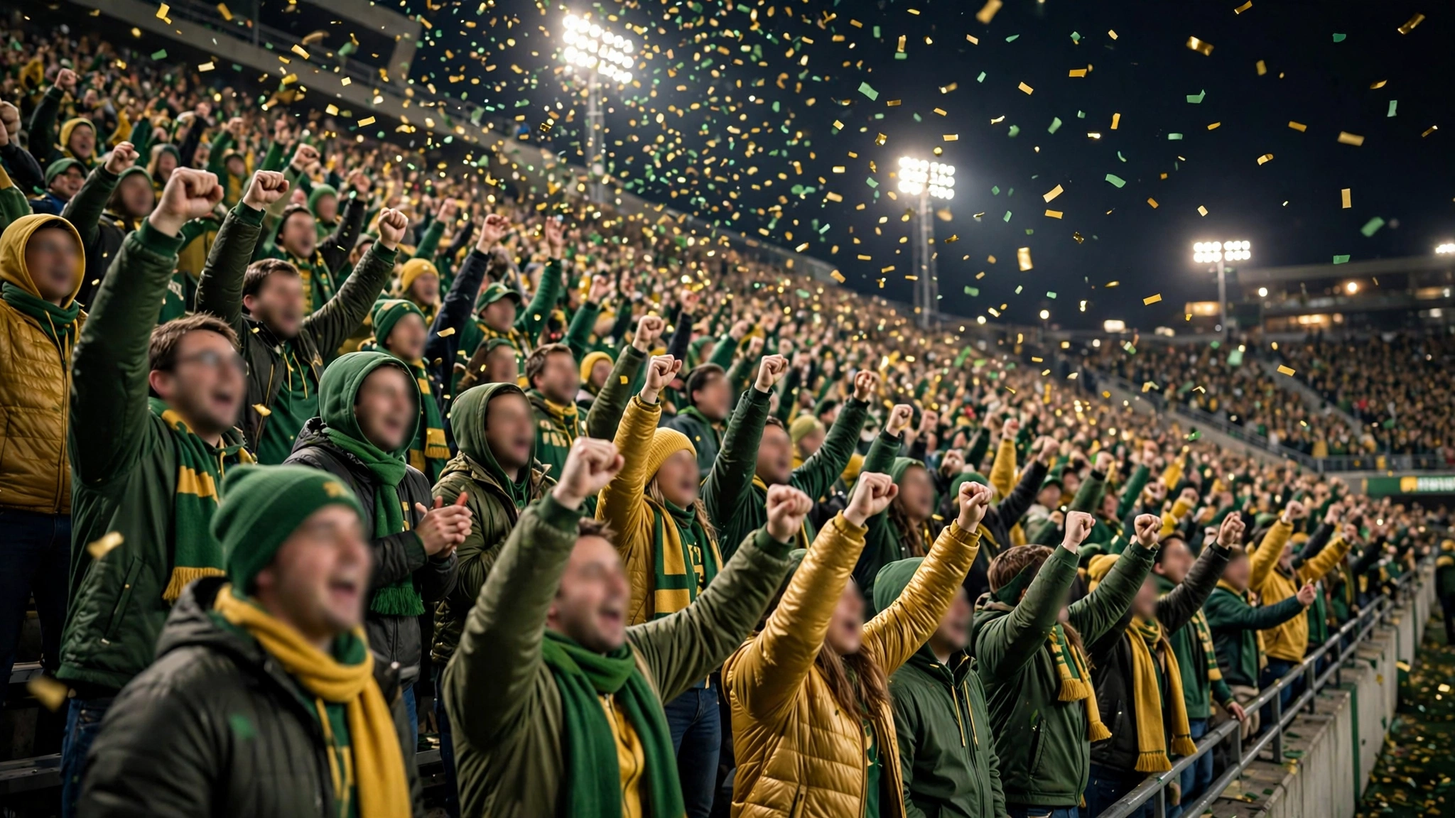 Football fans in green and gold clothing cheering in stadium stands at night with confetti falling
