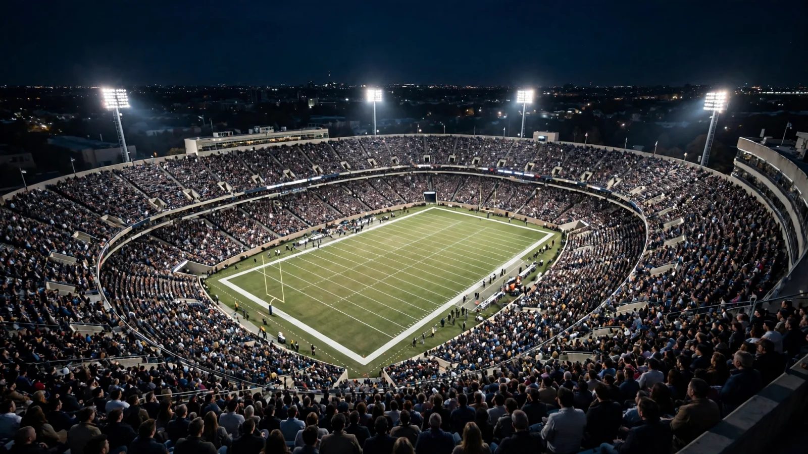 A packed American football stadium at night under floodlights with a green field