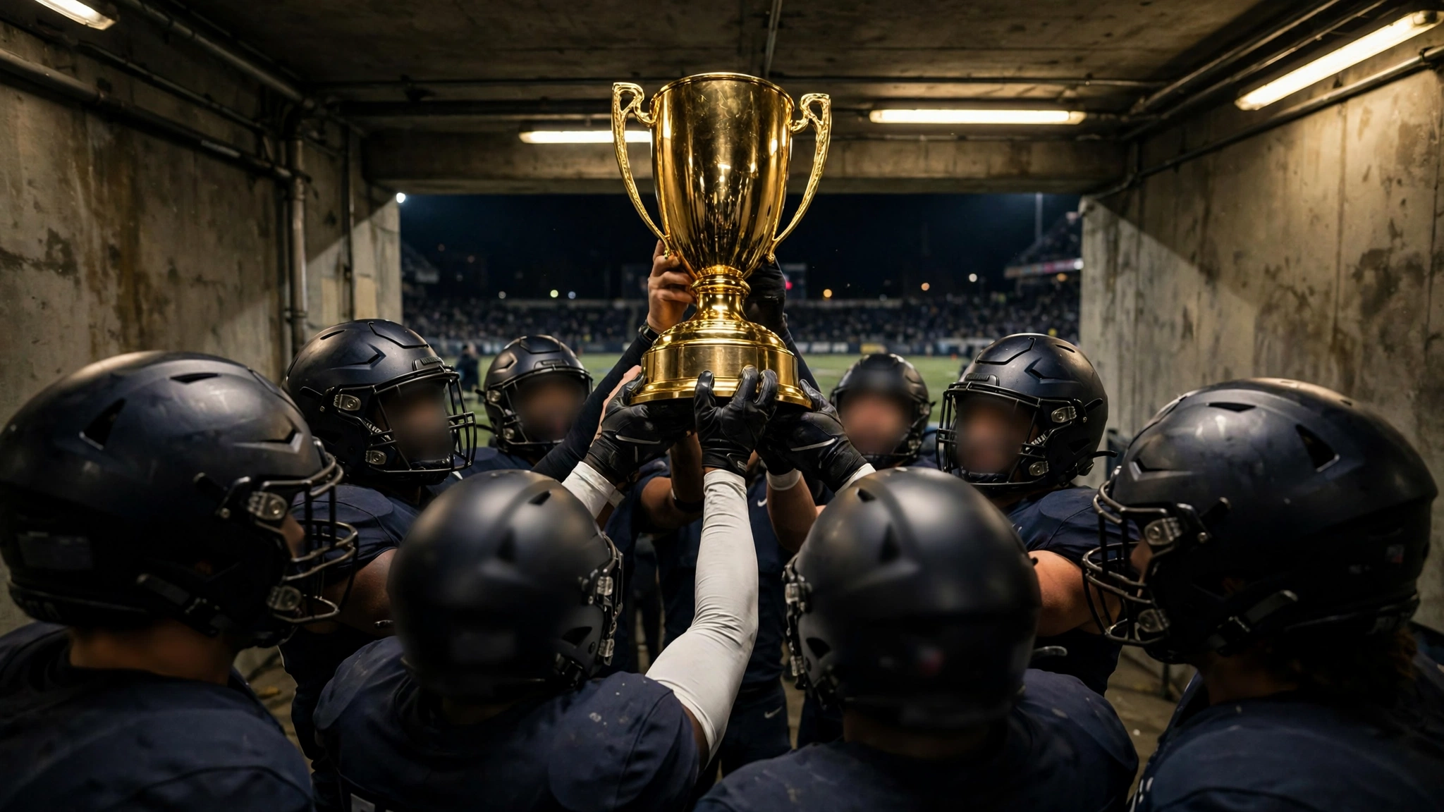 Football players in dark uniforms holding up a large gold trophy in a stadium tunnel